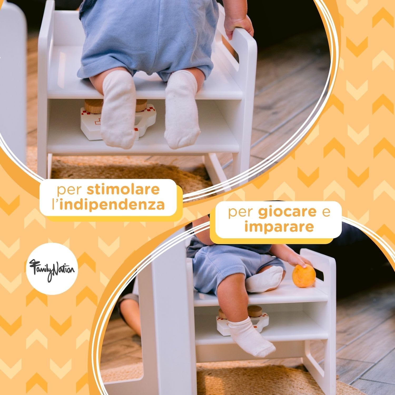 Family Nation, Sedia Montessoriana Evolutiva, Altezza Regolabile, per Bambini dai 10 ai 48 Mesi, Solida Struttura in Legno, Bianca, 35x35x35 cm