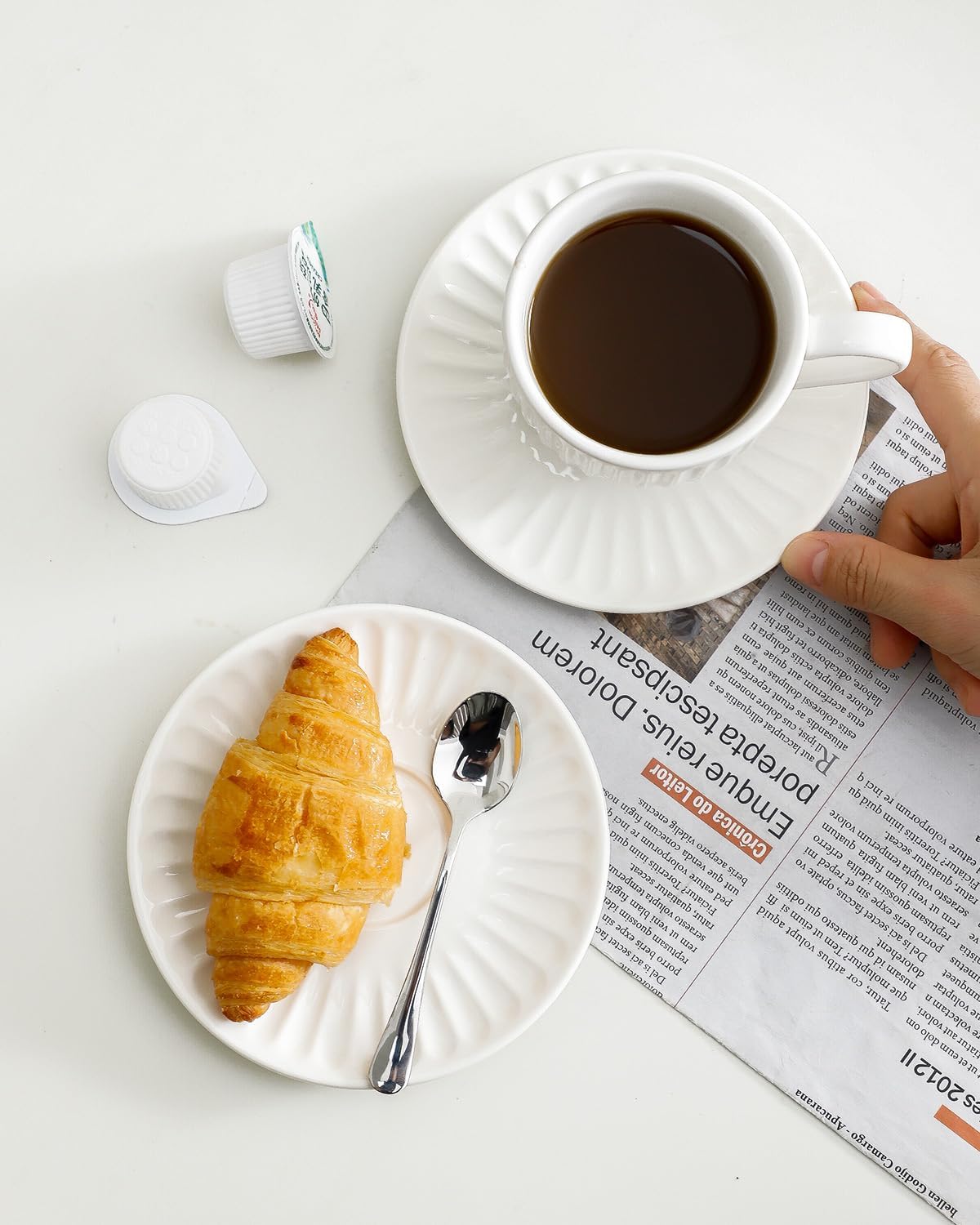 Hasense 5 Piece Butter Dish with Lid, 6 Oz Cappuccino Cups Set of 4, White