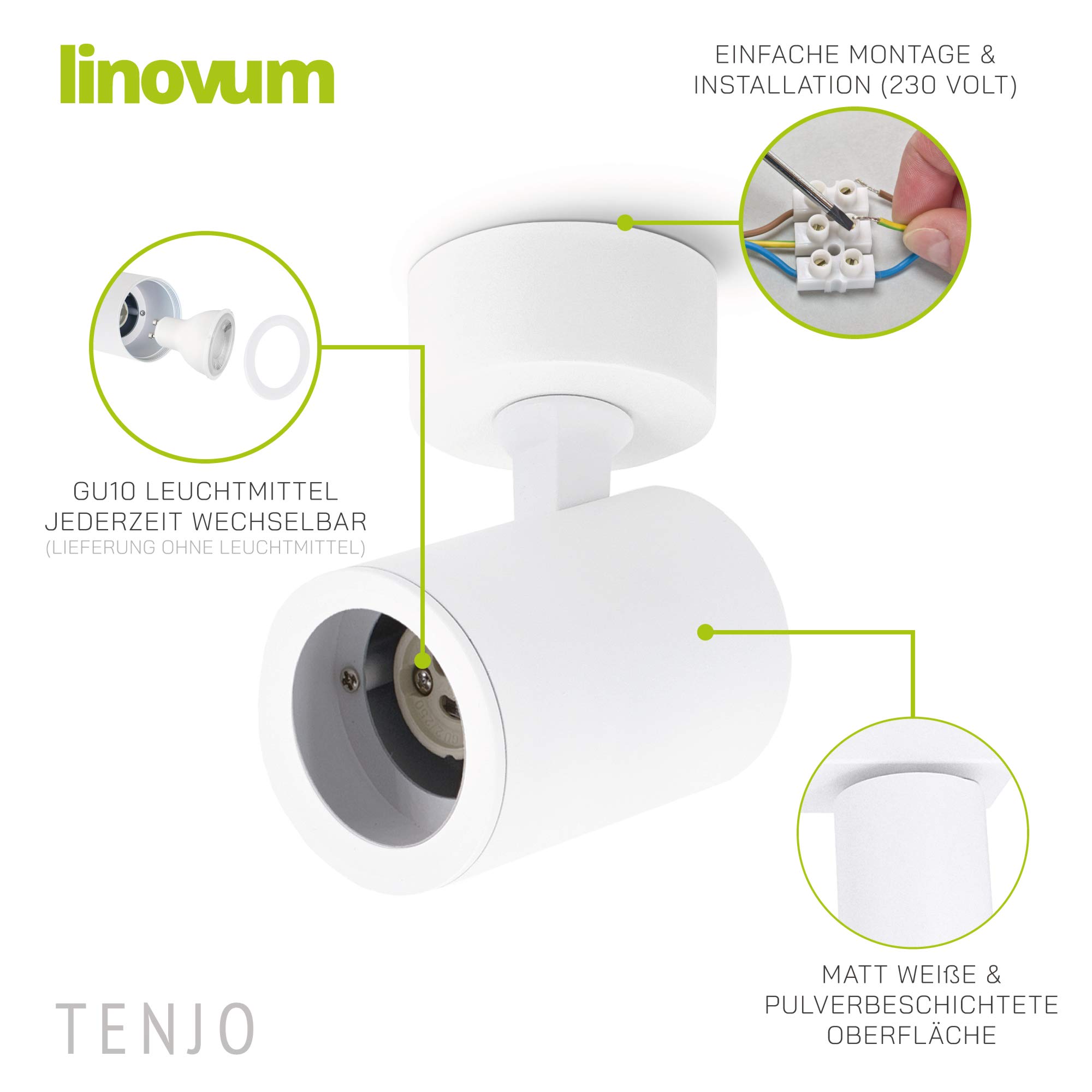 linovum TENJO Foco de pared orientable blanco redondo para 1 foco GU10 – Foco interior de techo de pared giratorio