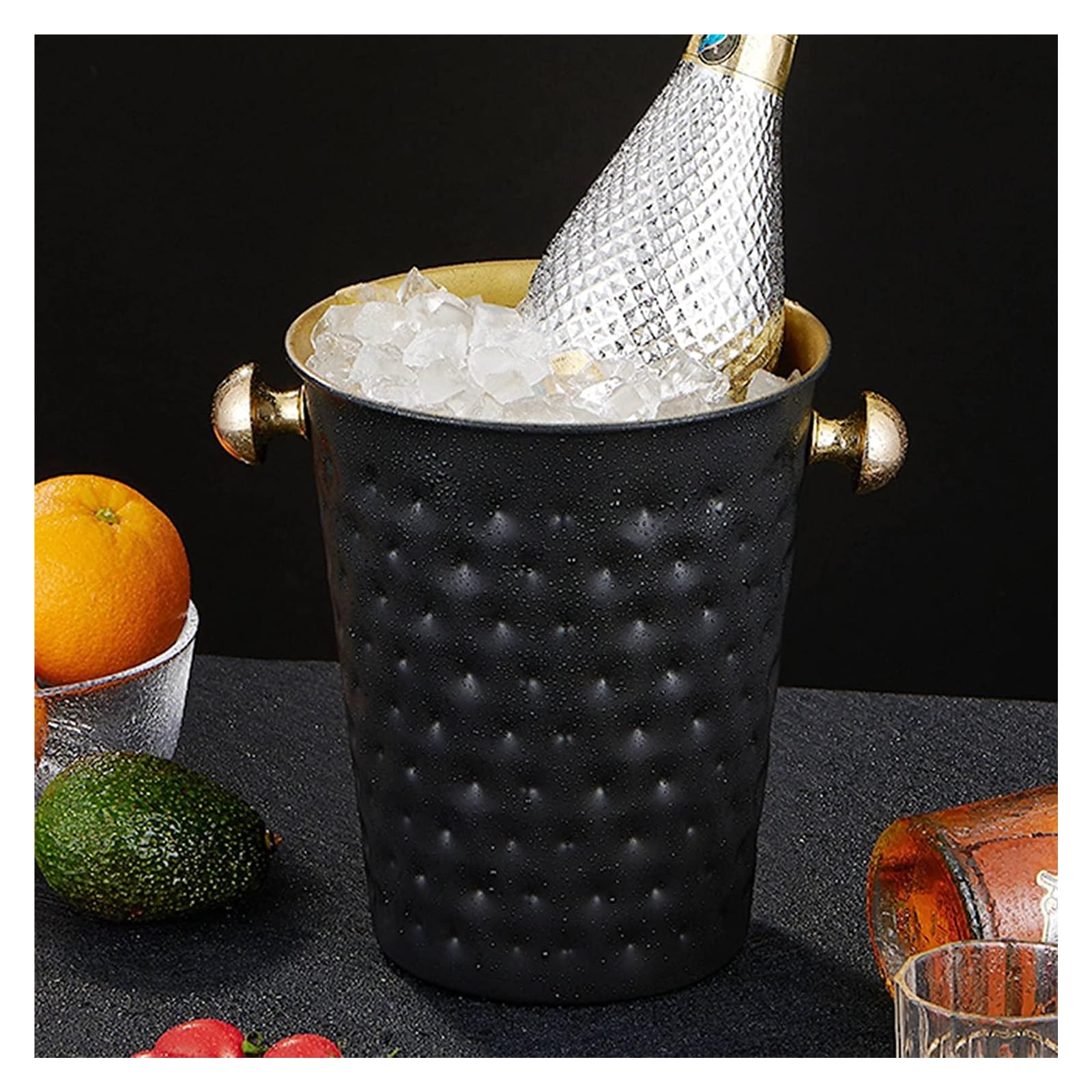 Cubeta de hielo Cubo de hielo martillado de acero inoxidable creativo, mango de cubo de hielo negro for Bar, vino, champán, cerveza, Ktv, suministros de cubitos de hielo Fiesta