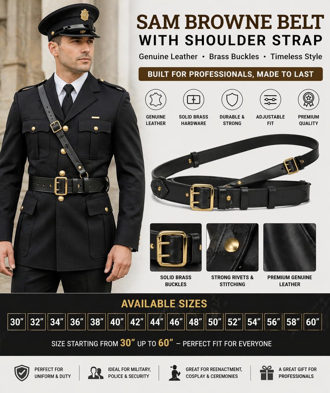 Sam Browne - Cinturón con correa para el hombro, cinturón de cuero genuino estilo policía y militar, cinturón ajustable de cuero negro con hebillas de latón macizo para uniformes, ceremonias y