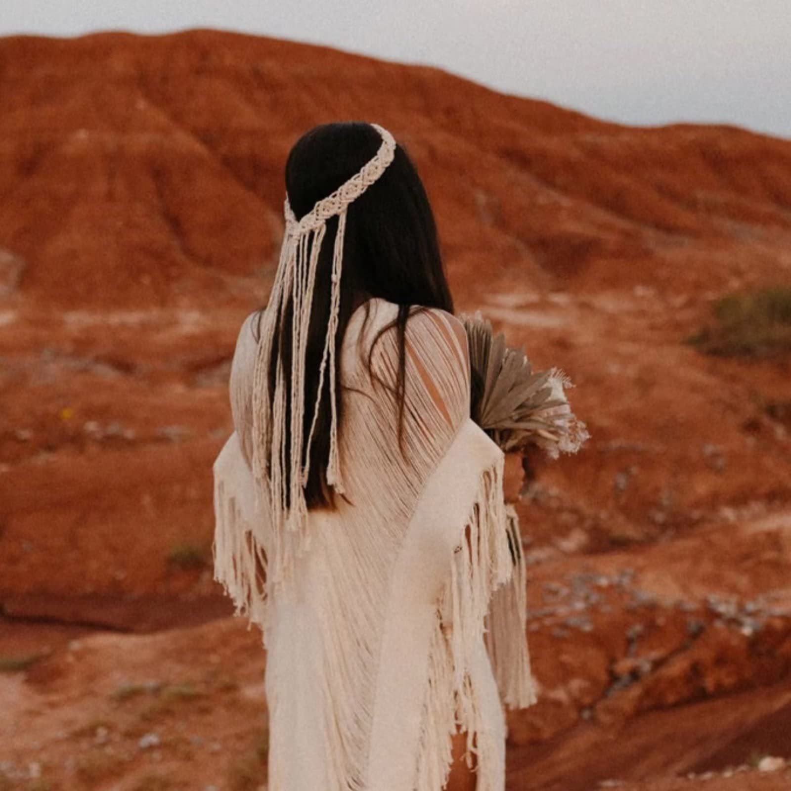 Fasce di nappe bohémien, velo da sposa Macrame bianco Boho Hippie Feather Headband Accessori per capelli da sposa per donne e ragazze