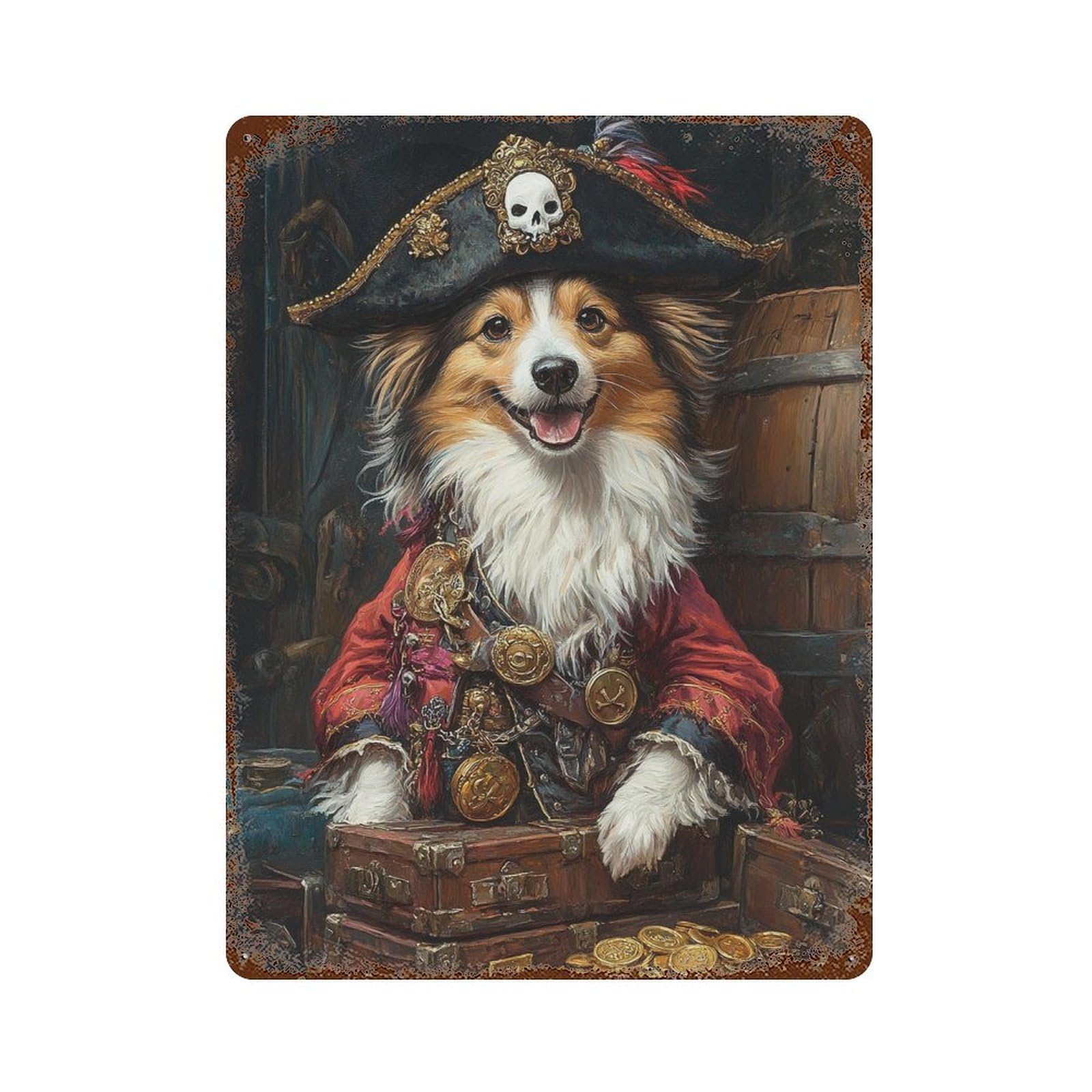 Pirate Dog Treasure Chest-101 Rust Effect Tin Sign 15.7"x11.8", Farmhouse Wall Decor for Living Room, Hallway And Home Decor