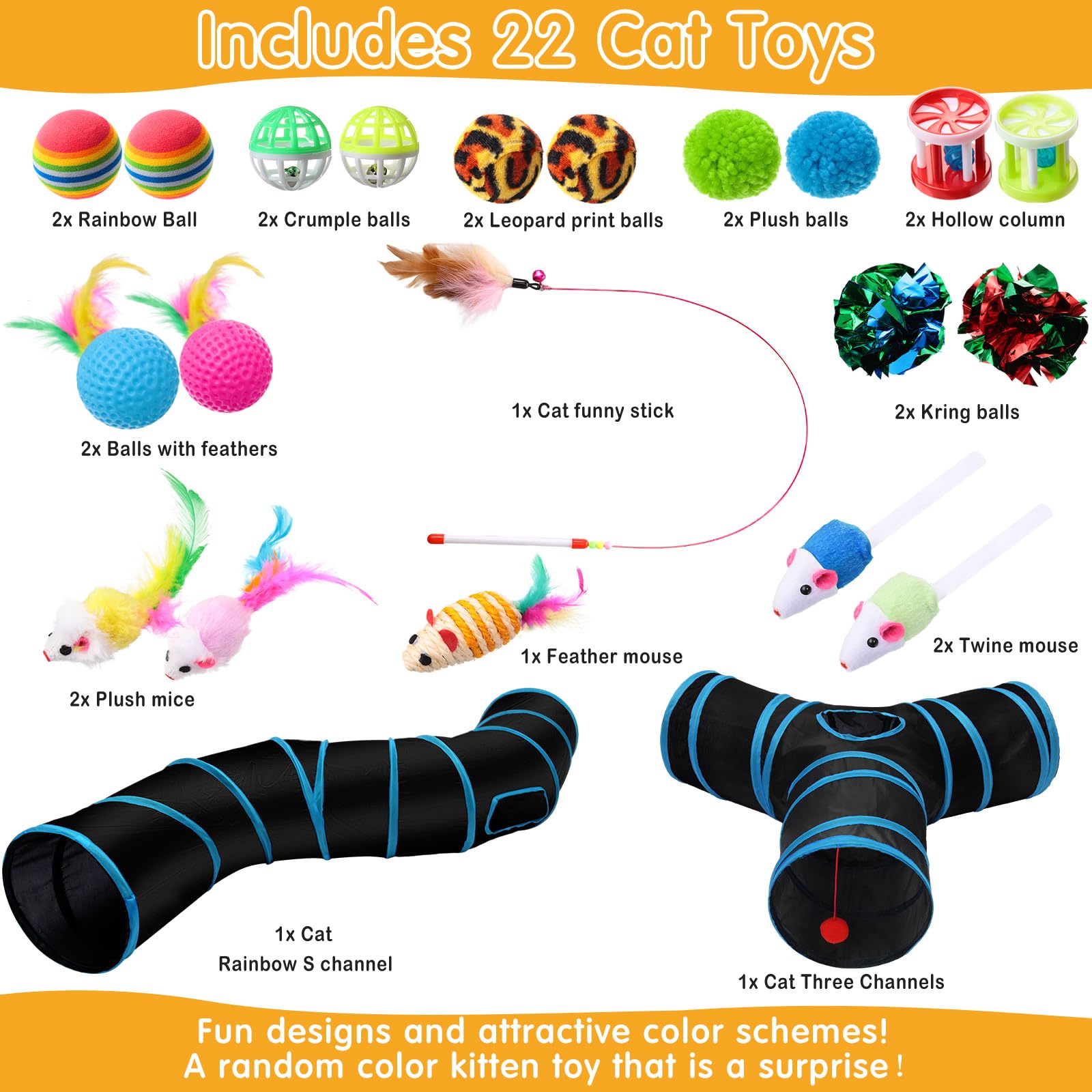 Poen Lot de 22 jouets pour chat avec 2 tunnels pliables et 20 jouets interactifs en plumes pour chat, souris moelleuse, balles froissées, pour chat, chaton et chiot (bleu, noir)