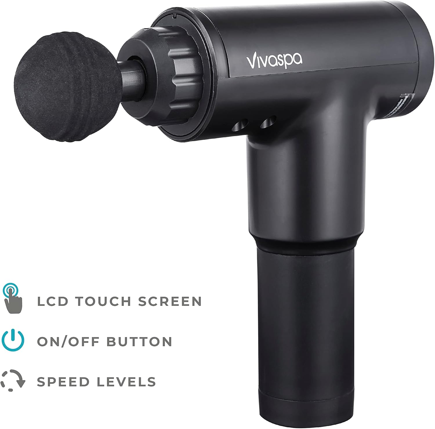 Close-up of the Vivitar Vivaspa massage gun showing the LCD touch screen, on/off button, and speed levels indicator.