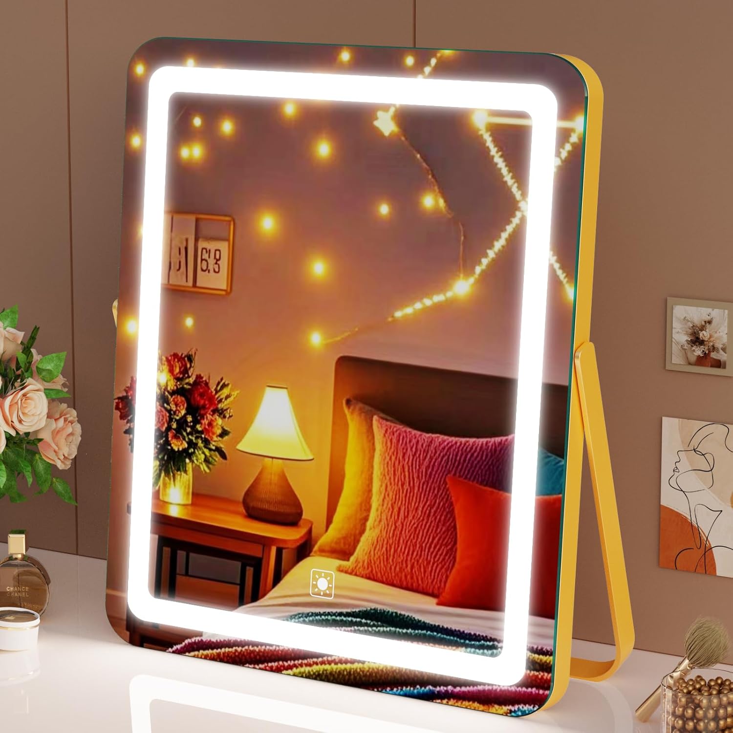 Vanity Mirror with Lights, 14" Light Up Makeup Mirror, LED Makeup Mirror with Lights for Bedroom Tabletop, Smart Touch Control 3 Colors Dimmable, 360° Rotation Gold