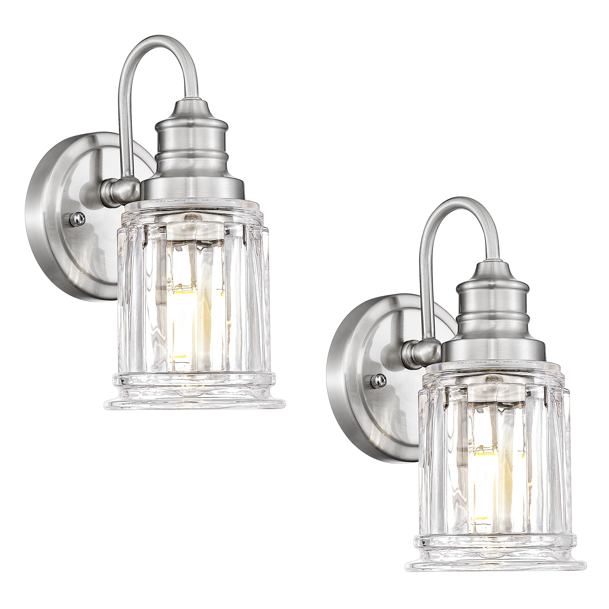 Bathroom Wall Sconces Brushed Nickel, HWH Modern Bathroom Vanity Wall Light Sconce Wall Lighting Set of 2, 1-Light Wall Sconce Bell-Shaped Fluted Glass, 5HZG106B-2 BN