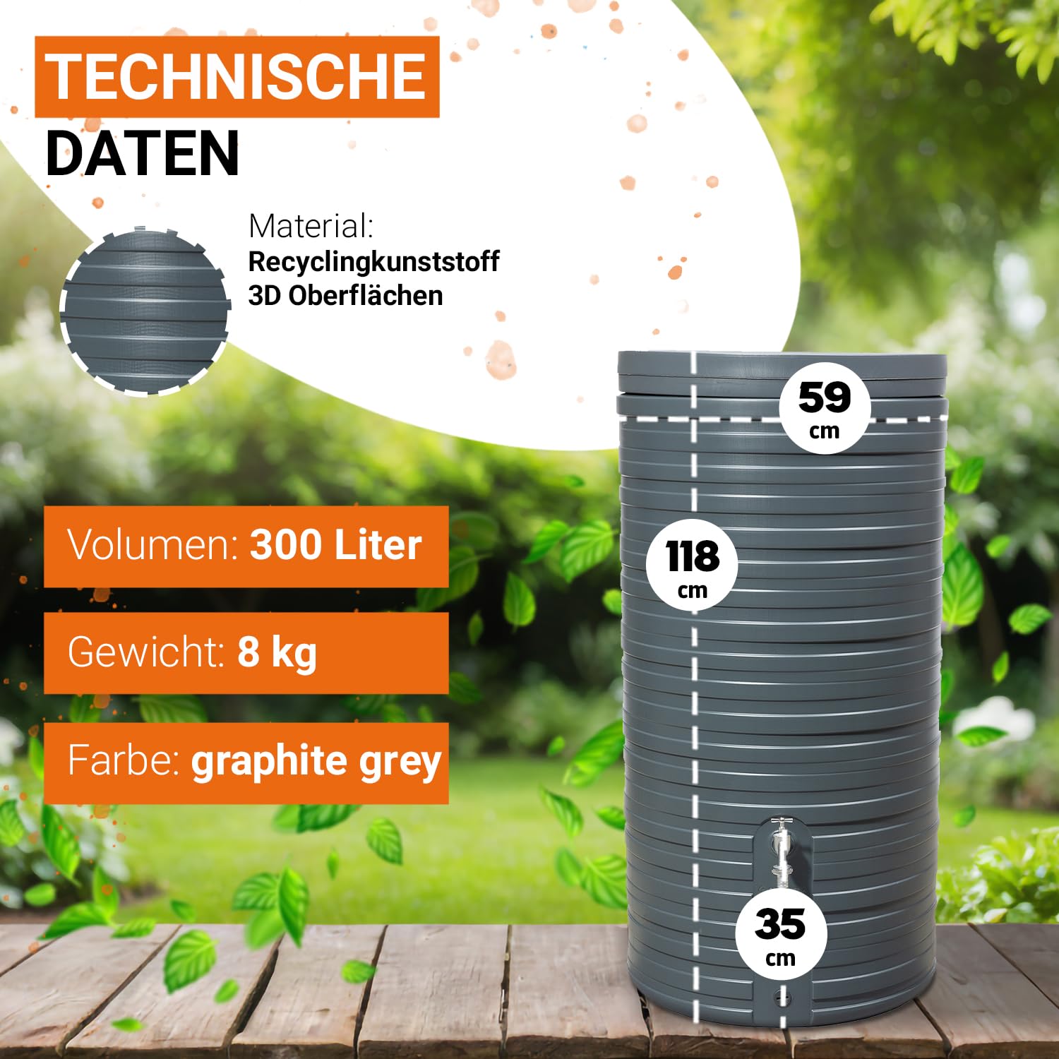 GARANTIA Nordic Regentonne 300 Liter Graphite Grey inkl. Deckel Regentonne