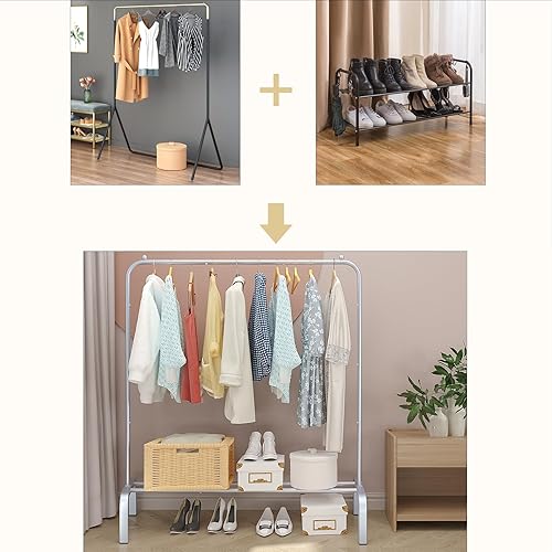Miniatura 6 de JIUYOTREE Perchero de metal para ropa de 43.3 pulgadas con estante inferior, perchero para colgar ropa, abrigos, faldas, camisas, suéteres, gris