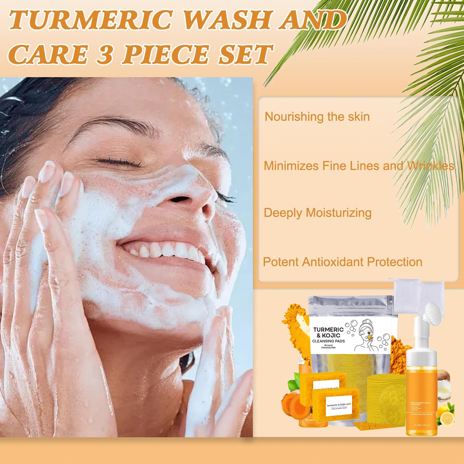 Set da Tre Pezzi Turmeric Wash e Cura, Detergente Viso con Spazzola, Pad Esfolianti per il Viso, Saponetta, Rete Schiumogena per Sapone, Set Detergente Profondo per Viso e Corpo