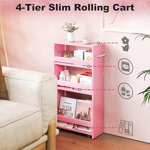 Miniatura 6 de MARTY Carrito de almacenamiento delgado, estantería rodante de 4 niveles con ruedas, carrito de cocina con ruedas, organización de cuarto de