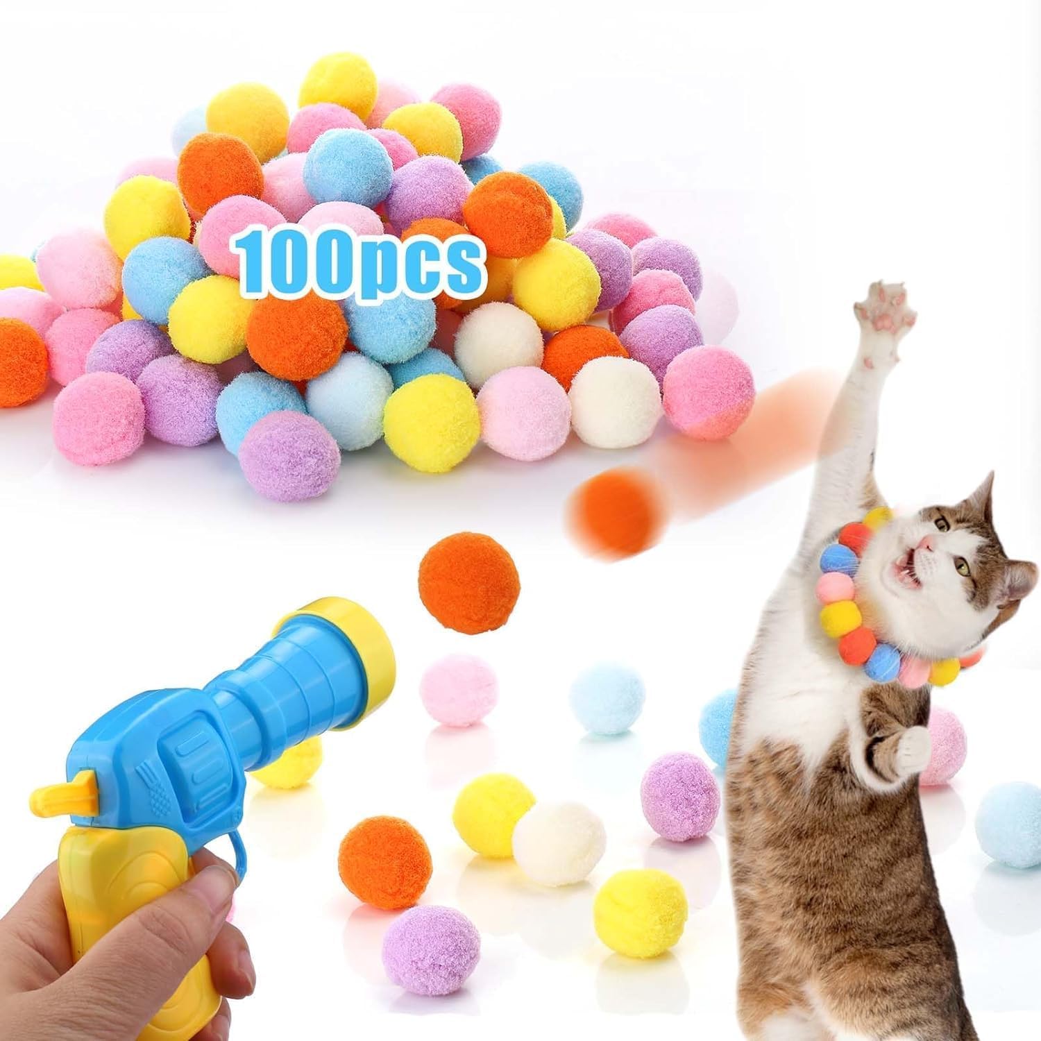 Sgaloge Cat Ball Launcher + 100 Pcs 3 cm Cat Toy Balls(New Upgraded),Silent Plush Elastic Cat Ball Toy,Interactive Cat Toys for Indoor Cats Kitten Toys,Plush Ball Shoot Gun for Kitty