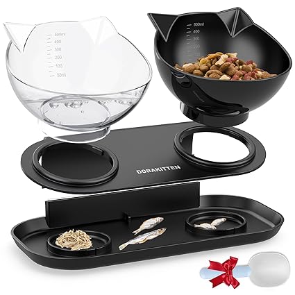 Dorakitten Elevated Cat Bowl - Cat Feeding & Watering Supplies 15? Tilted Double Pet Dishes with Stand Raised Cat Food Bowls Anti Vomiting Cat Bowl for Indoor Cats & Puppies