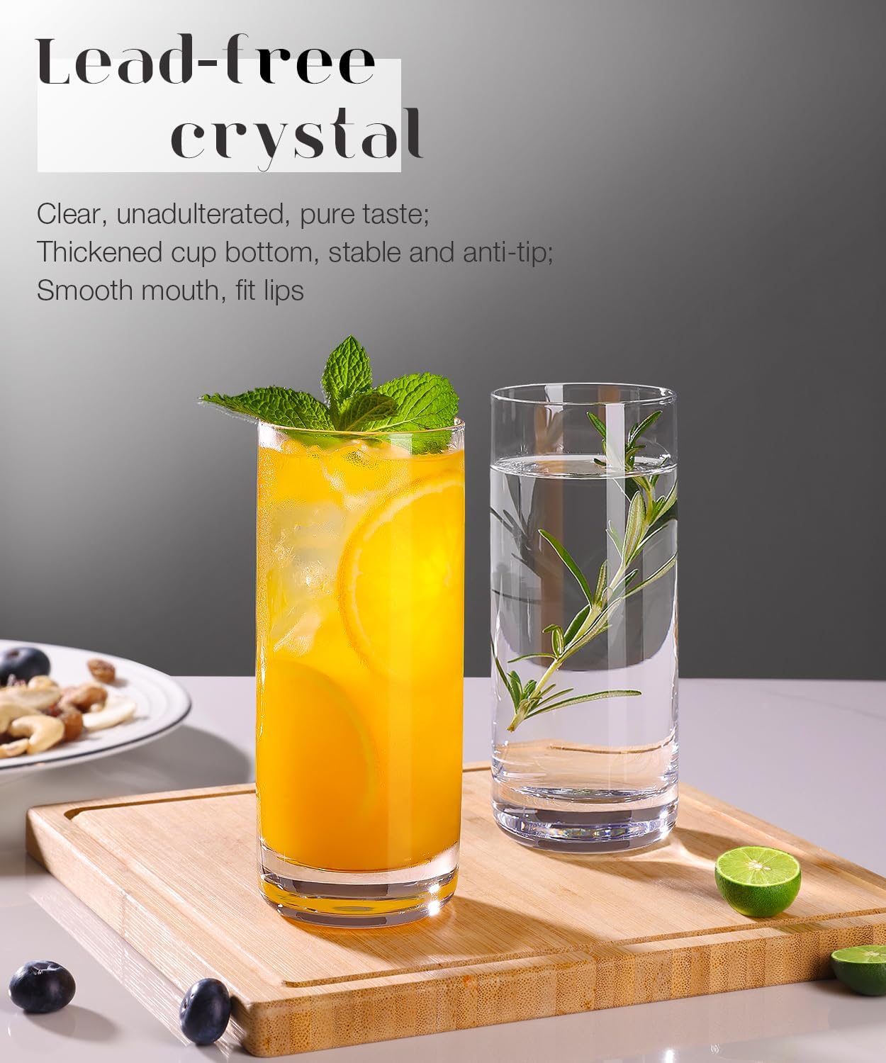 LUNA & MANTHA Drinking Glasses Set of 12，6 Wide Mouth Design Water Glasses 16 oz & 6 Straight Design Highball Glasses 13 oz