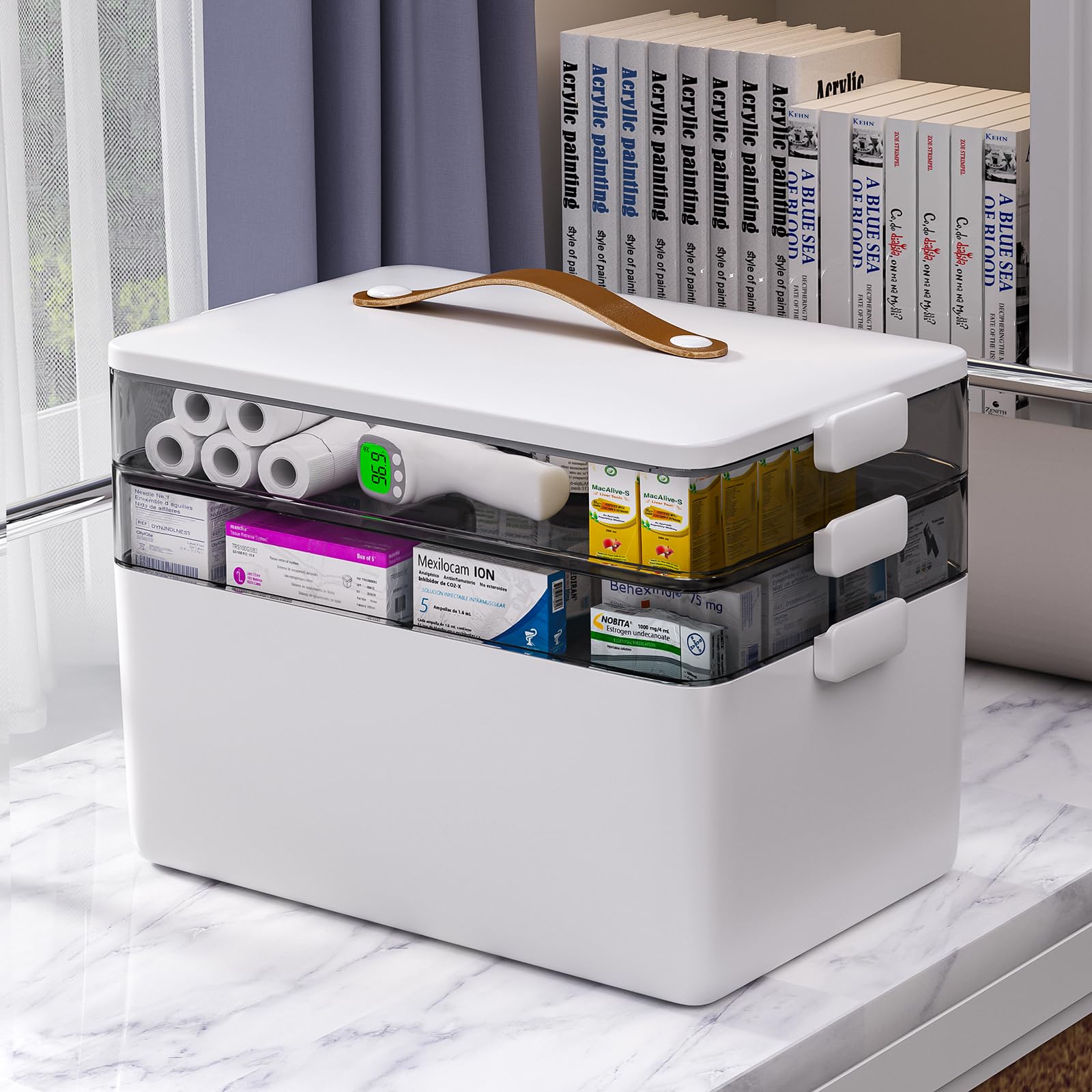 JOYBOS 3-Tier Medicine Storage Box Cabinet, Empty First Aid Kit Portable Medical Supply Organizer with Leather Handle for Home