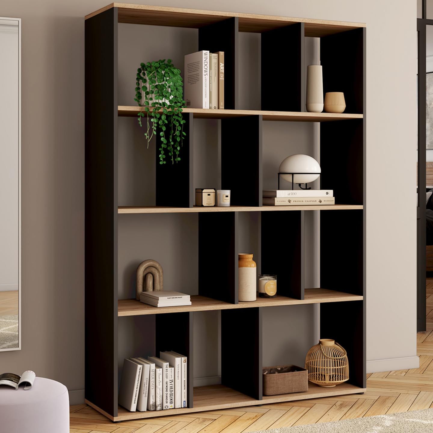 IDMarket - Etagère bibliothèque JENA 4 Niveaux Noir et Effet Bois 143 cm