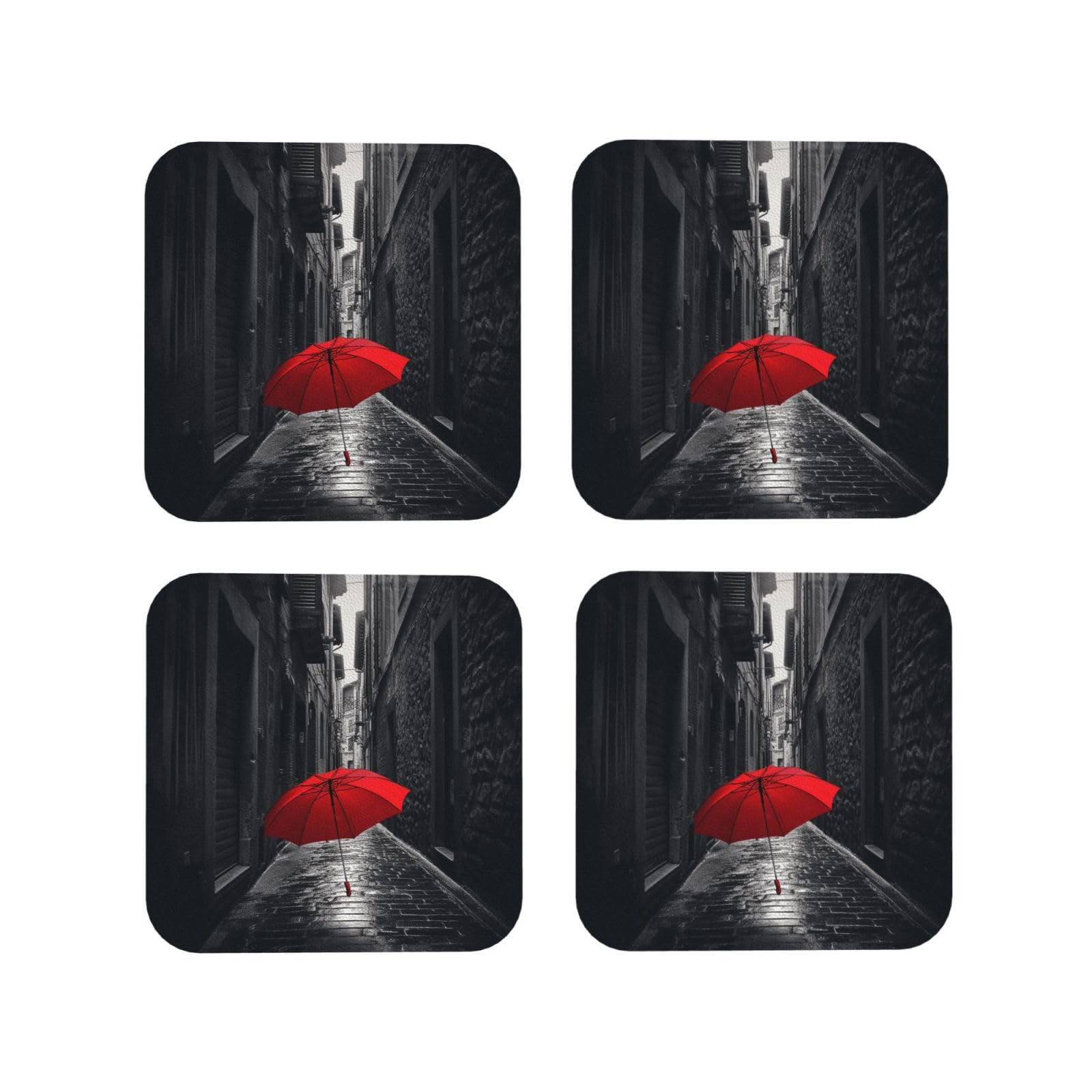 4pcs Drink Coasters for Tabletop Protection, 4" Leather Coasters for Drinks, Red Umbrella Dark Street Cup Coasters for Coffee Table Decor, Non-Slip Drinking Cup Mat for Hot Or Cold Drink