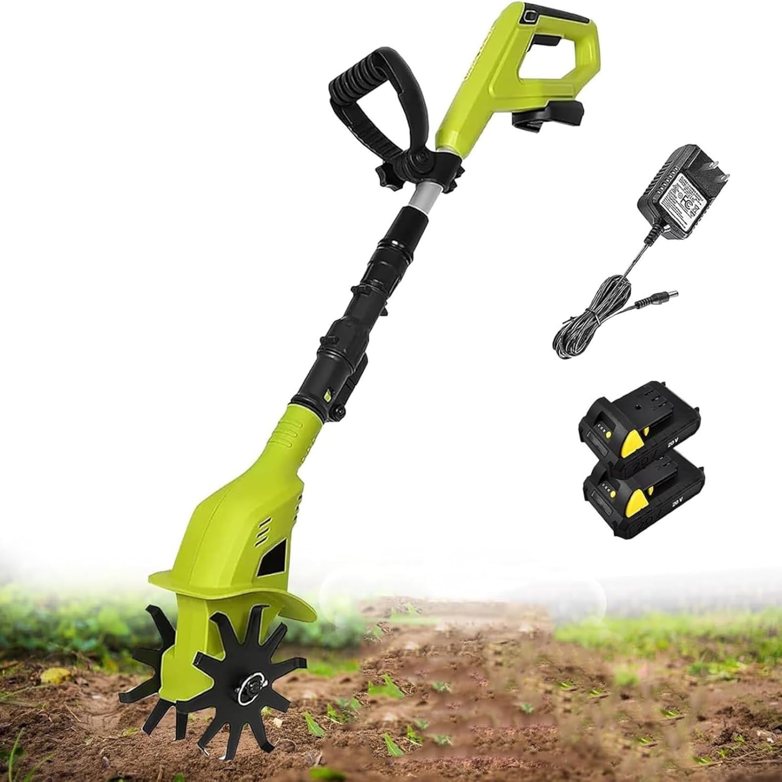 Elektryczny kultywator ogrodowy, elektryczny akumulatorowy kultywator, wertykulatory gleby do trawników, szerokość uprawy 10 cm, głębokość robocza 25 cm, z 2 bateriami 2000 mAh i ładowarką