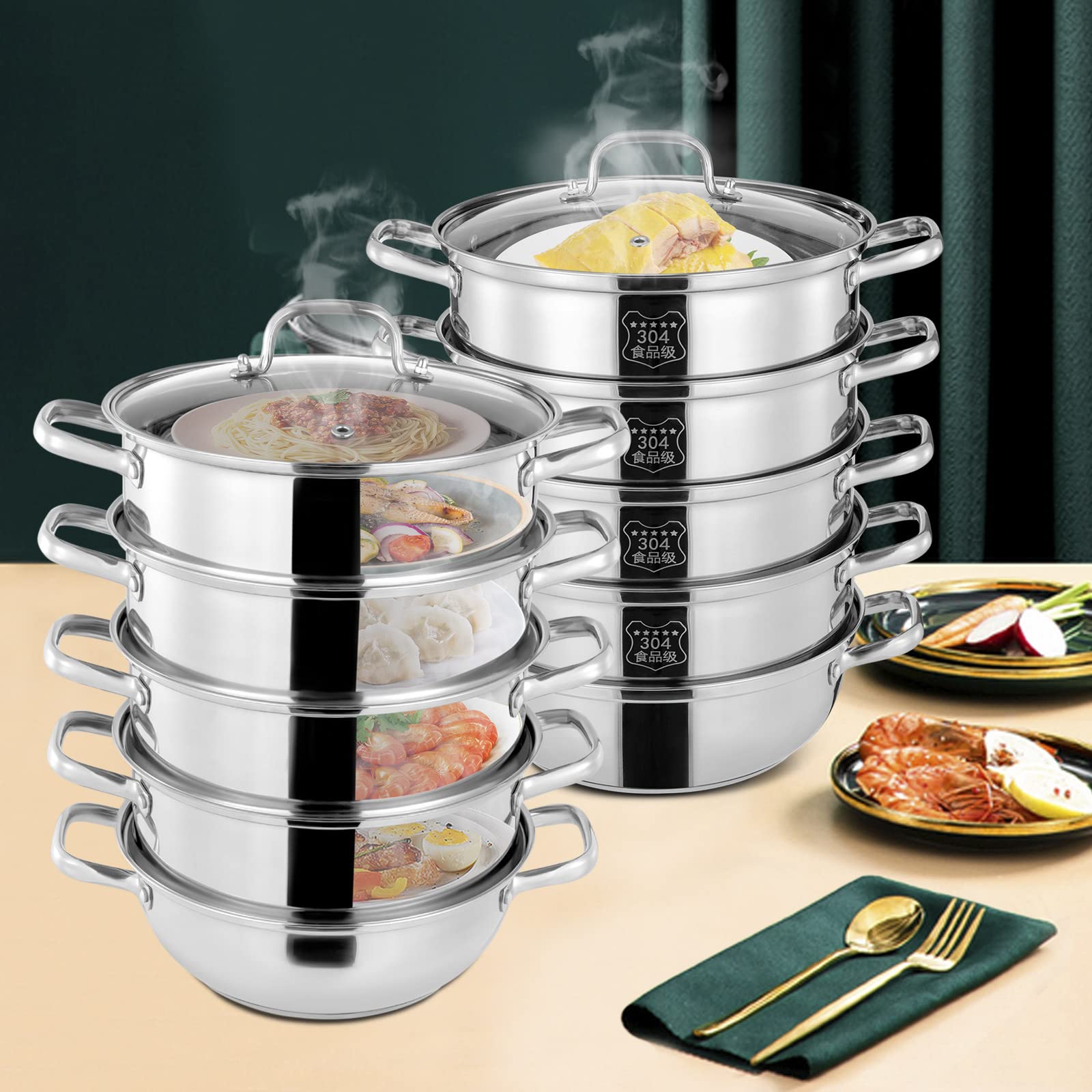 5-Schichtiger Edelstahl Dampfkocher Gardampftopf mit Glasdeckel Dampfgarer für Küche (28CM)