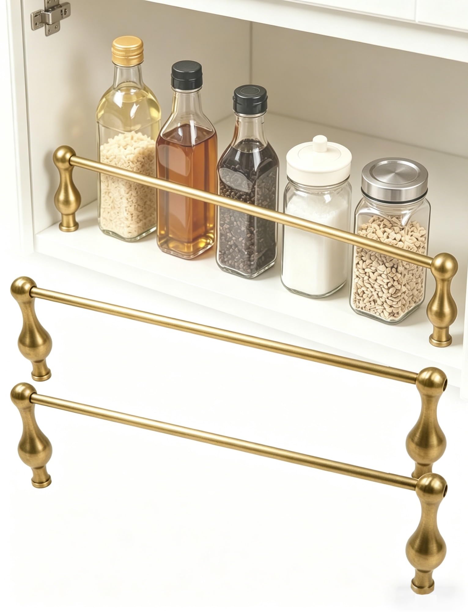 2pcs Shelf Guard Rail Fence, Decorative Aluminum Gallery Tipping Rod, Safety Barrier for Kitchen Cabinet Open Shelves, Easy Install(Brass,86cm/34in)