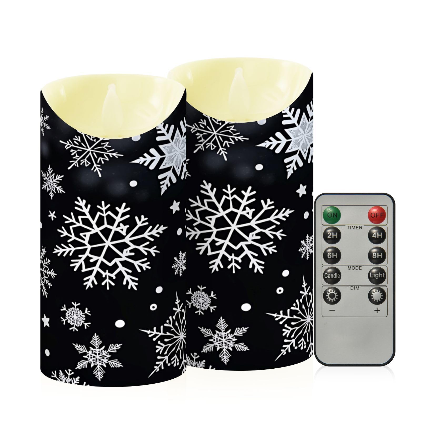 Ewusp Christmas Black Snowflake Flameless Candles Battery Operated Flickering LED Pillar Candles Set of 2 with Remote Control & Timer, for Home Decor Wedding Holiday Party Centerpieces