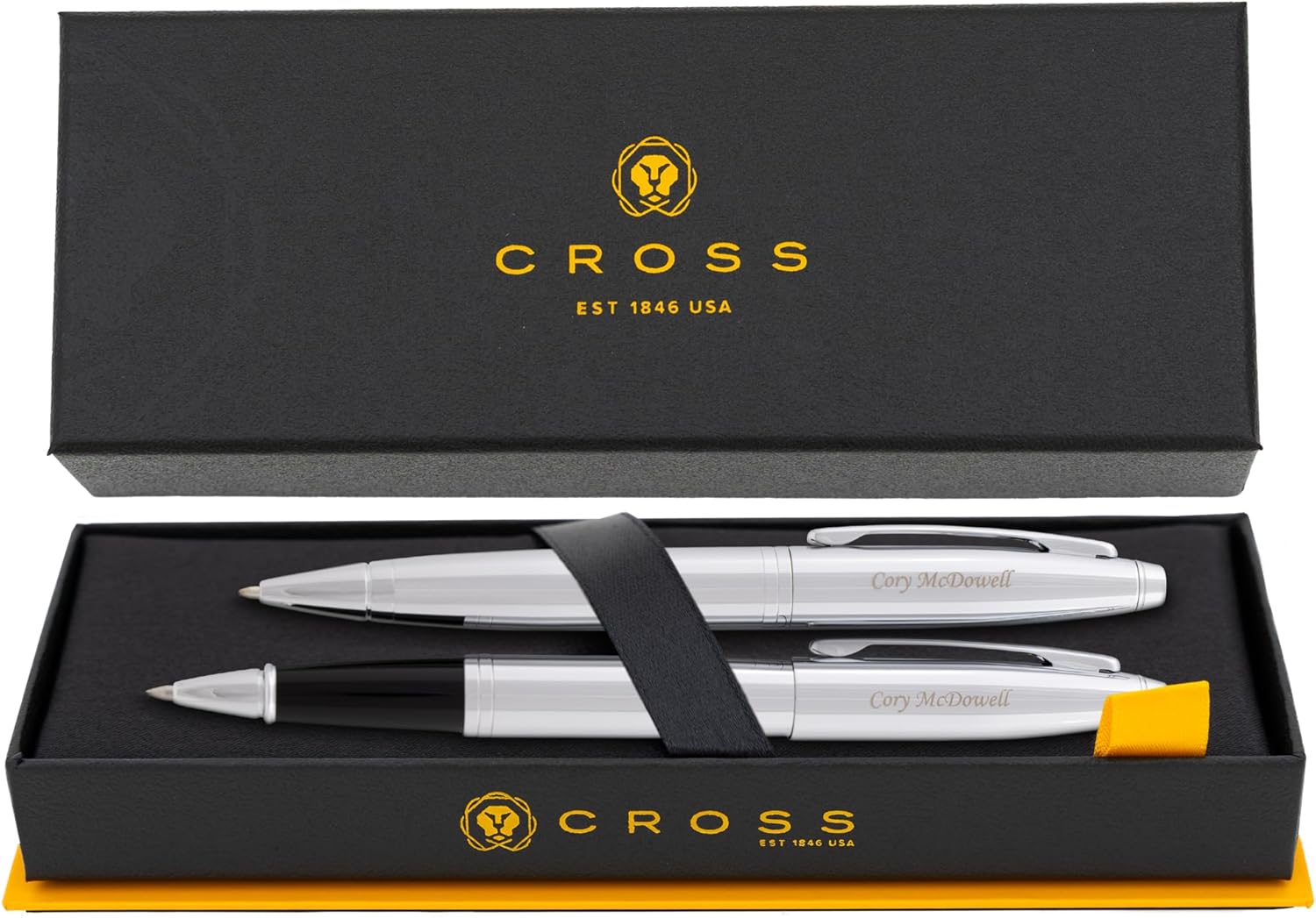 Engraved Cross Calais Gift Pen Set in Lustrous Chrome Finish. Includes Twist-Action Ballpoint, Smooth Capped Rollerball, Personalization, and Box.