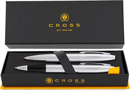 Cross Calais Engraved Ballpoint and Rollerball Pen Set, Chrome, Art Deco Design, Matching Engraving on Both Pens, Gift for Graduation, Writers, Career Advancement, Cross Gift Box