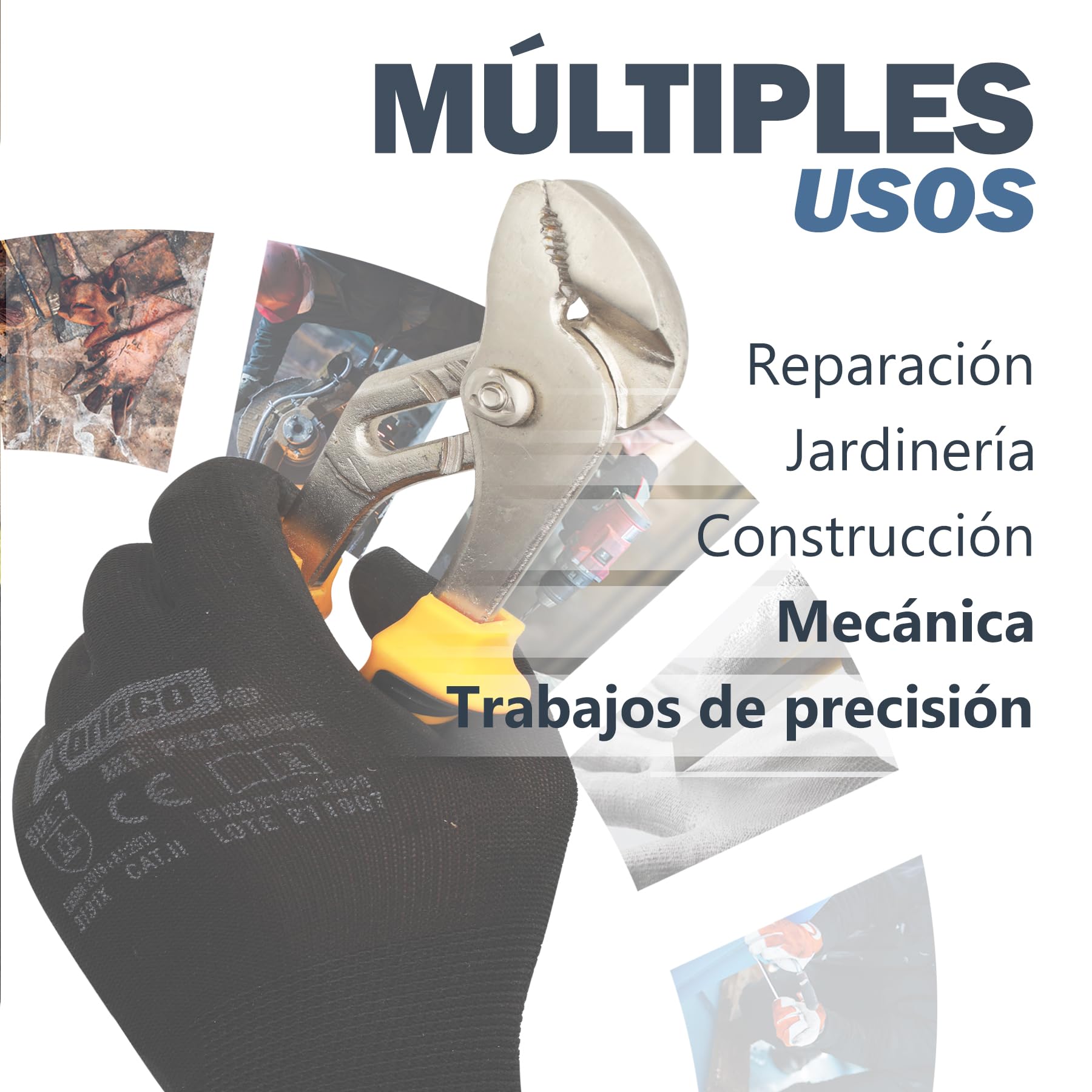 Guantes de Trabajo Profesionales Ideales para Construcción, Abrasión, Mecánica, Guantes de Protección CAT 2 Multipropósito en Nylon y Poliuretano, Resistentes pack de 3,6,12,60,120,240