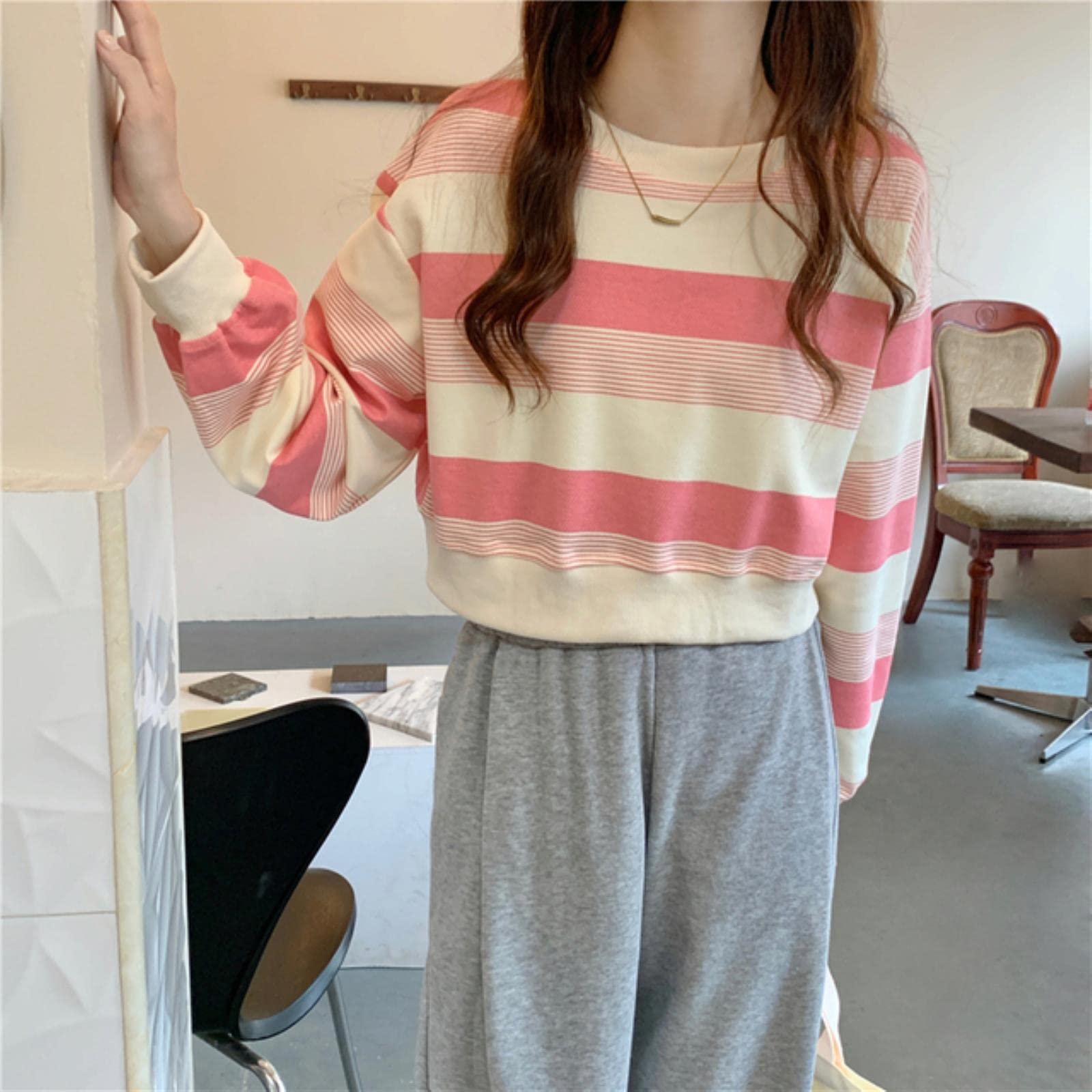 YUSHUO Korean kawaii crop top casual loose stripe Long Sleeve O Neck  hoodies Women thin Sweatshirt female clothing young girls Tops-QingT 207  fen,L