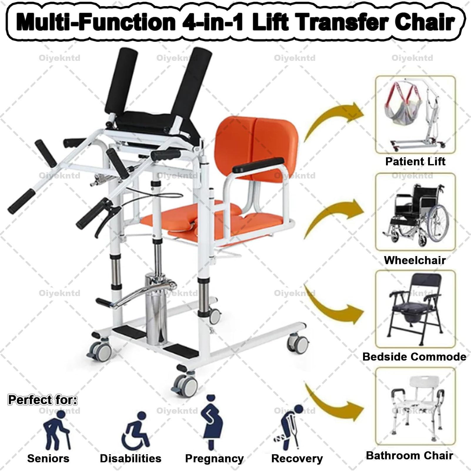 Silla elevadora de traslado mejorada con soportes de elevación para el hogar, silla de ruedas elevadora de pacientes, elevación de enfermería de altura ajustable con 4 ruedas para cuidadores Orange