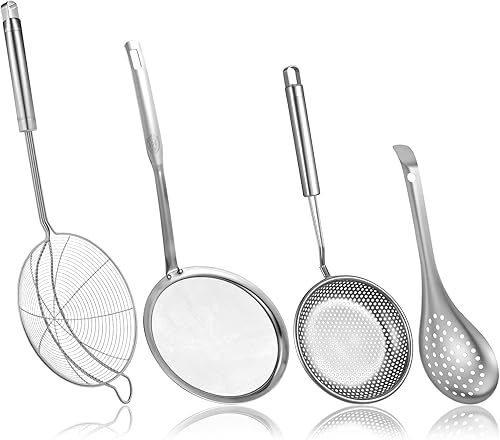 Juego de 4 cucharas de colador de araña, colador de malla fina y cuchara espumadora de grasa, metal de acero inoxidable con coladores de alimentos