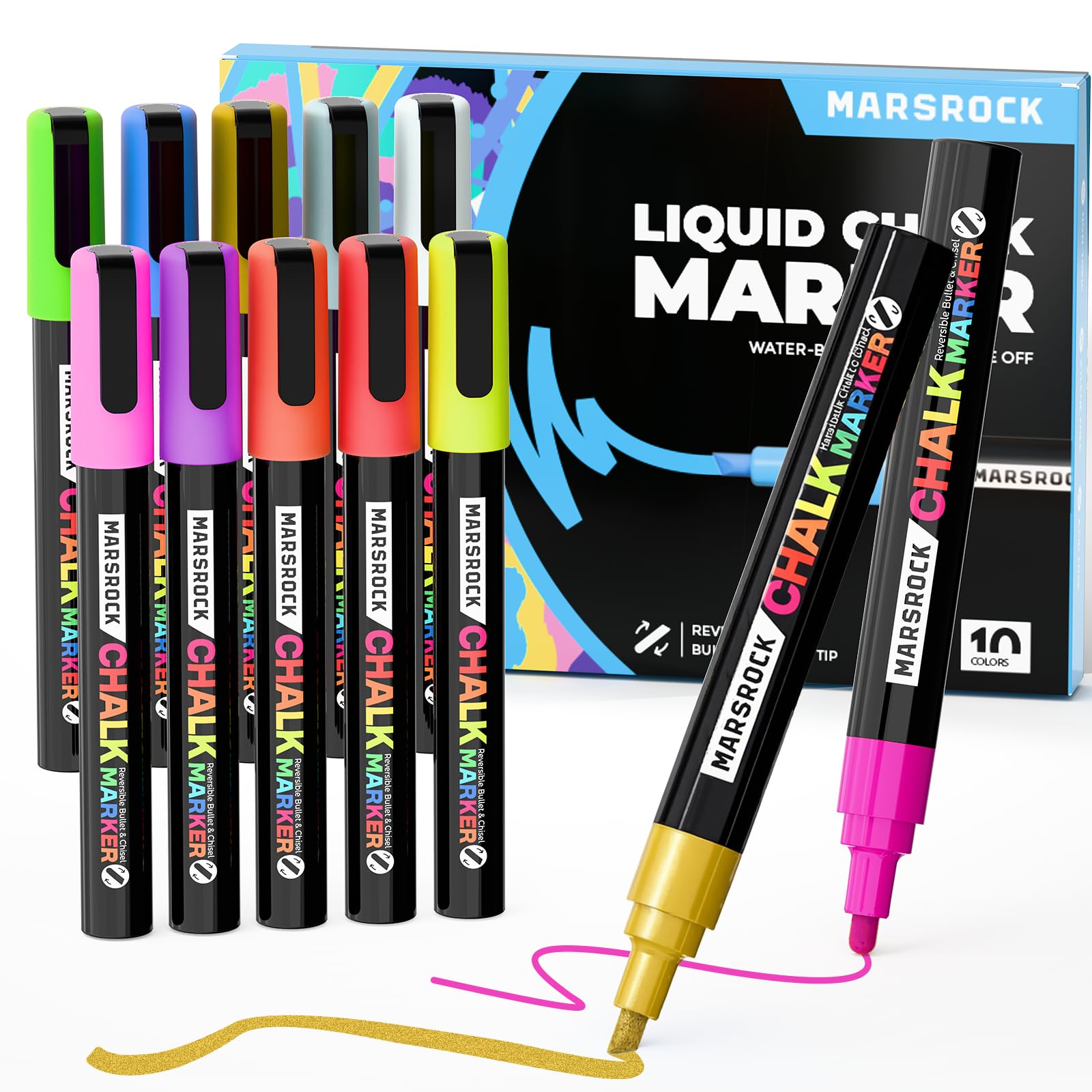 Marsrock Liquid Chalk Pens,10 Vibrant Colors Chalk Pens, Reversible Tip, Wet Erase, Water-Based Chalkboard Markers for Blackboards, Windows, Glass, Mirrors, Signs,Car– Ideal for Restaurants & Home