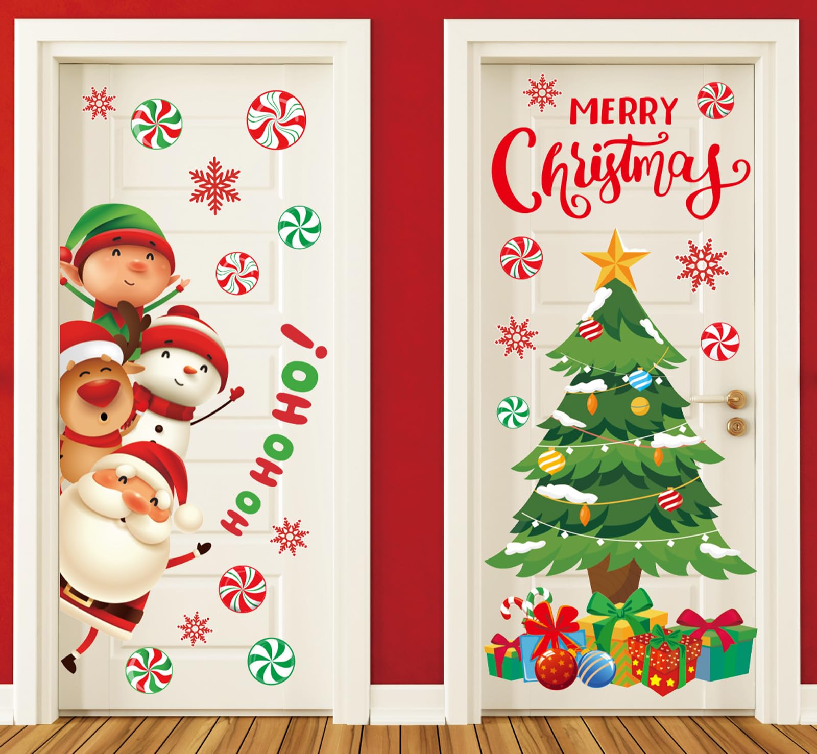 JarThenaAMCS Weihnachts-Türaufkleber, Weihnachtsbaum, Weihnachtsmann, Schneemann, Elch, Süßigkeiten, Schneeflocke, Aufkleber, großes Wandbild, Aufkleber für Zuhause, Kühlschrank, Wand, Fenster,