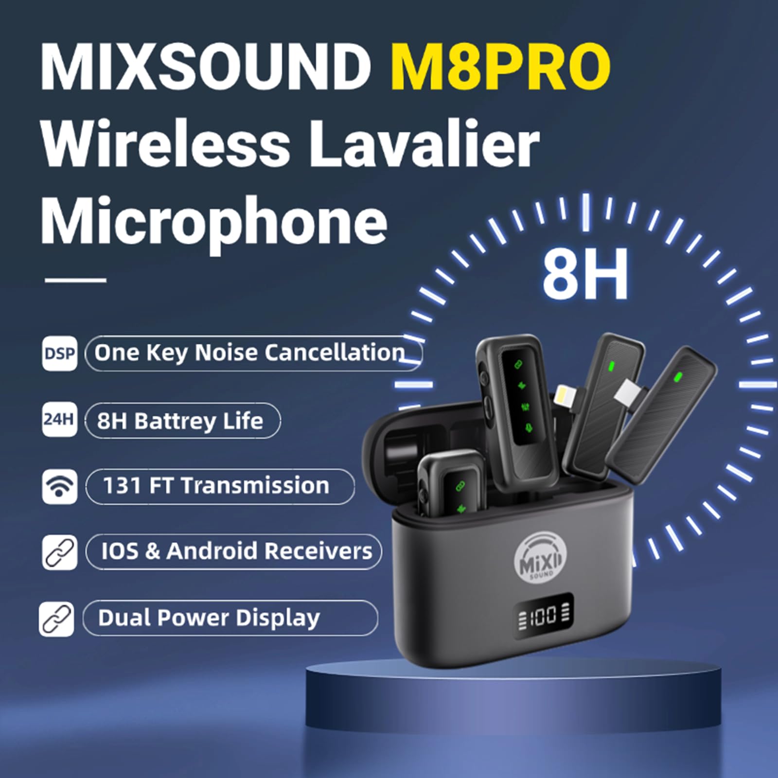 2 Pcs Wireless Lavalier Microphone for iPhone Android with Noise Cancellation and Charging Case 8H Clip on Label Mini Microphone for Vlog,Recording, Live Streaming, Interview, Podcast 131ft