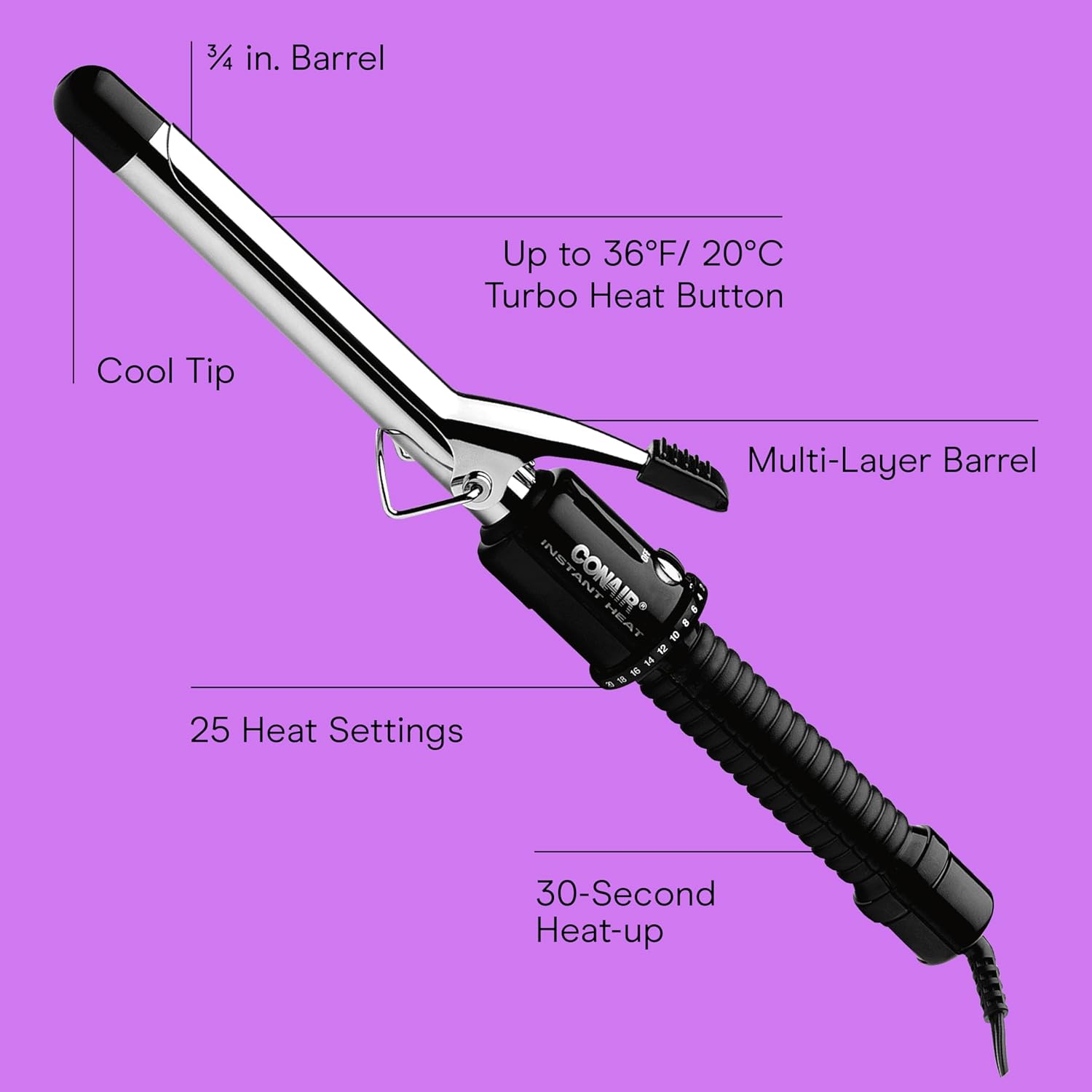 Conair Instant Heat 3/4-Inch Curling Iron, ¾-inch Barrel Produces Tight Curls, Hair Curler for Short to Medium Hair, 25 Heat Setting Hair Curling Iron, Black Black 3/4-Inch
