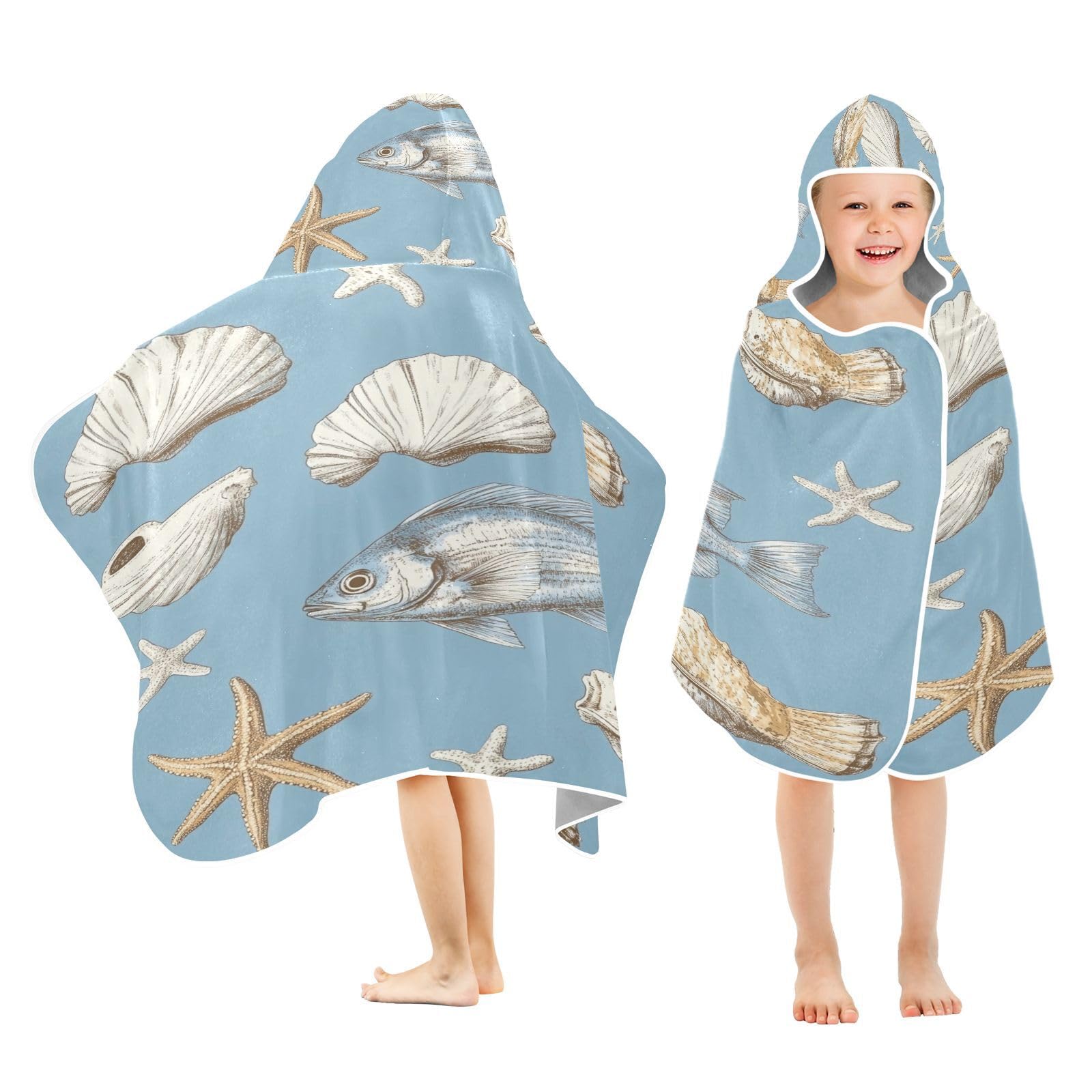 Kigai Starfish Hooded Beach Towel for Kids Soft Absorbent Quick Dry Bath Towel with Hood Lightweight Toddler Shower Pool Bath Wrap for Boys Girls