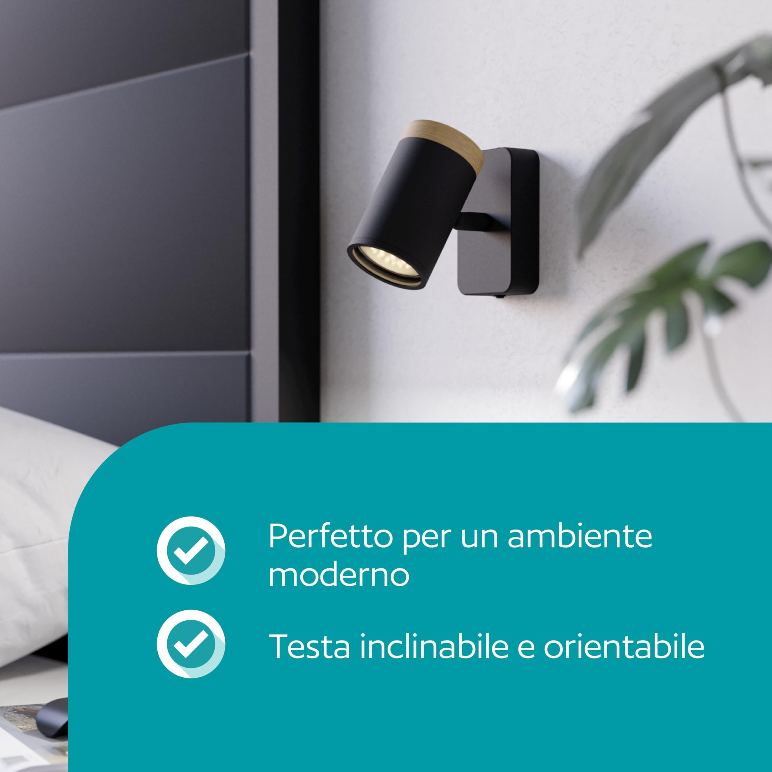 Eglo Consuma - Lampada da parete, lettura in acciaio flessibile, per soggiorno e bagno, faretto legno di colore nero, attacco GU10, IP44
