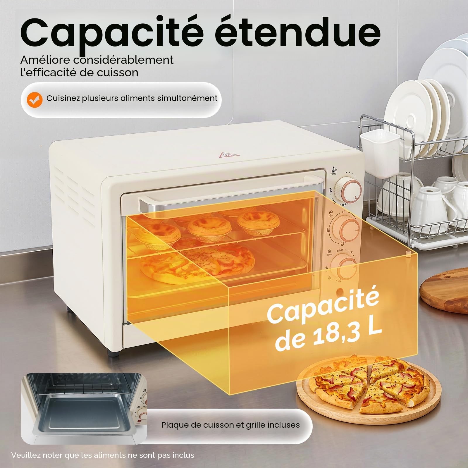 Mini four électrique, 22 l, avec chaleur de voûte et de sole, minuterie de 60 min, température 120-250 °C, petit four, 1000 W, avec poêle et grille, blanc