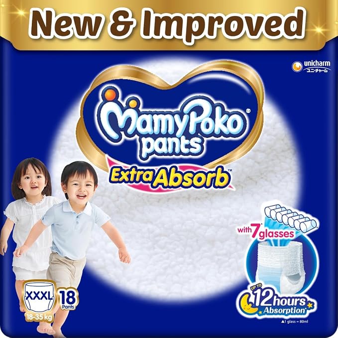 Mamypoko pants Extra Absorb| Pant Style Baby Diapers (XXXL), 18 Count, 18-35kg||Deep Sl...