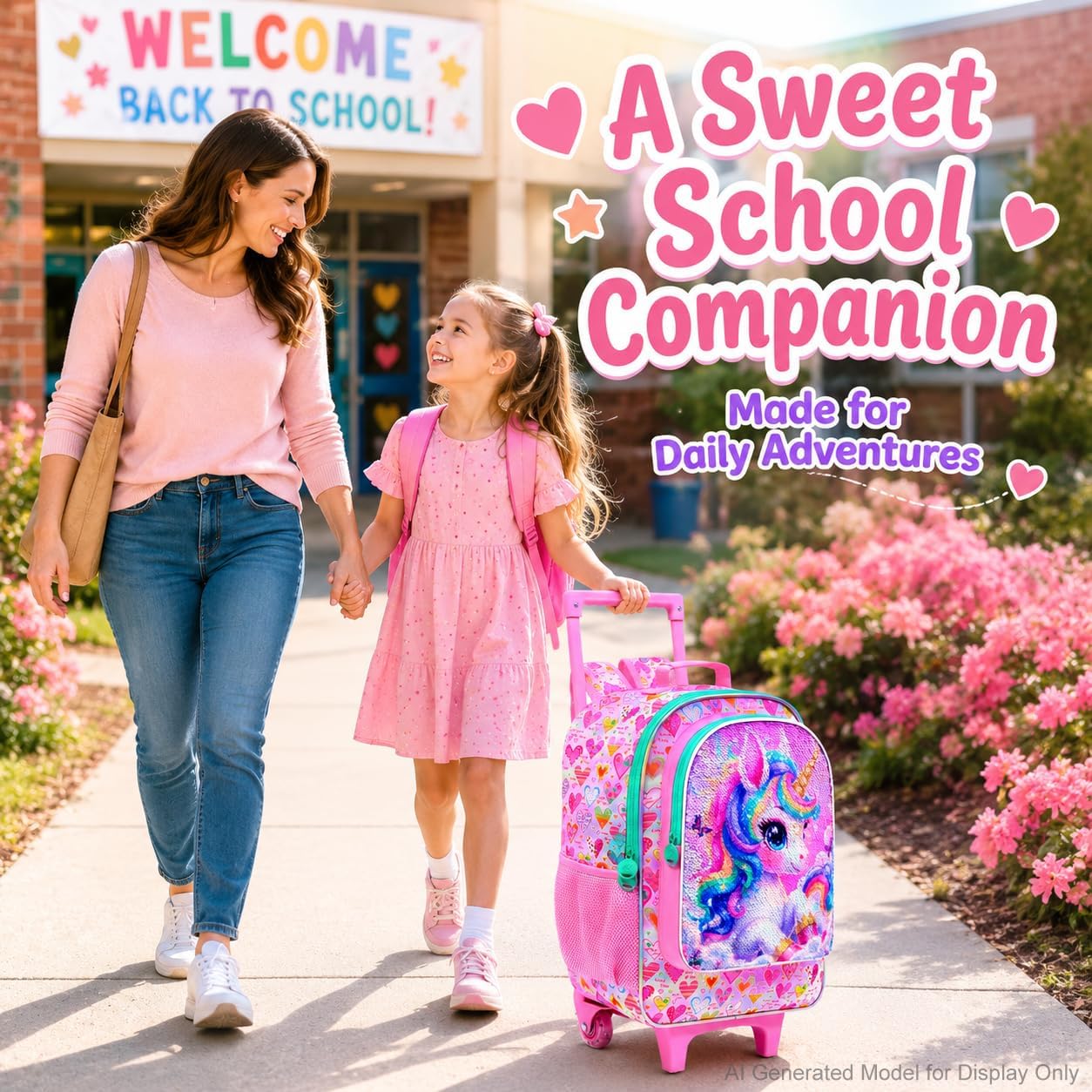 AGSDON 3PCS Rolling Backpack for Girls Boys, Kids Roller Wheels Bookbag, Wheeled School Bag with Lunch Bag