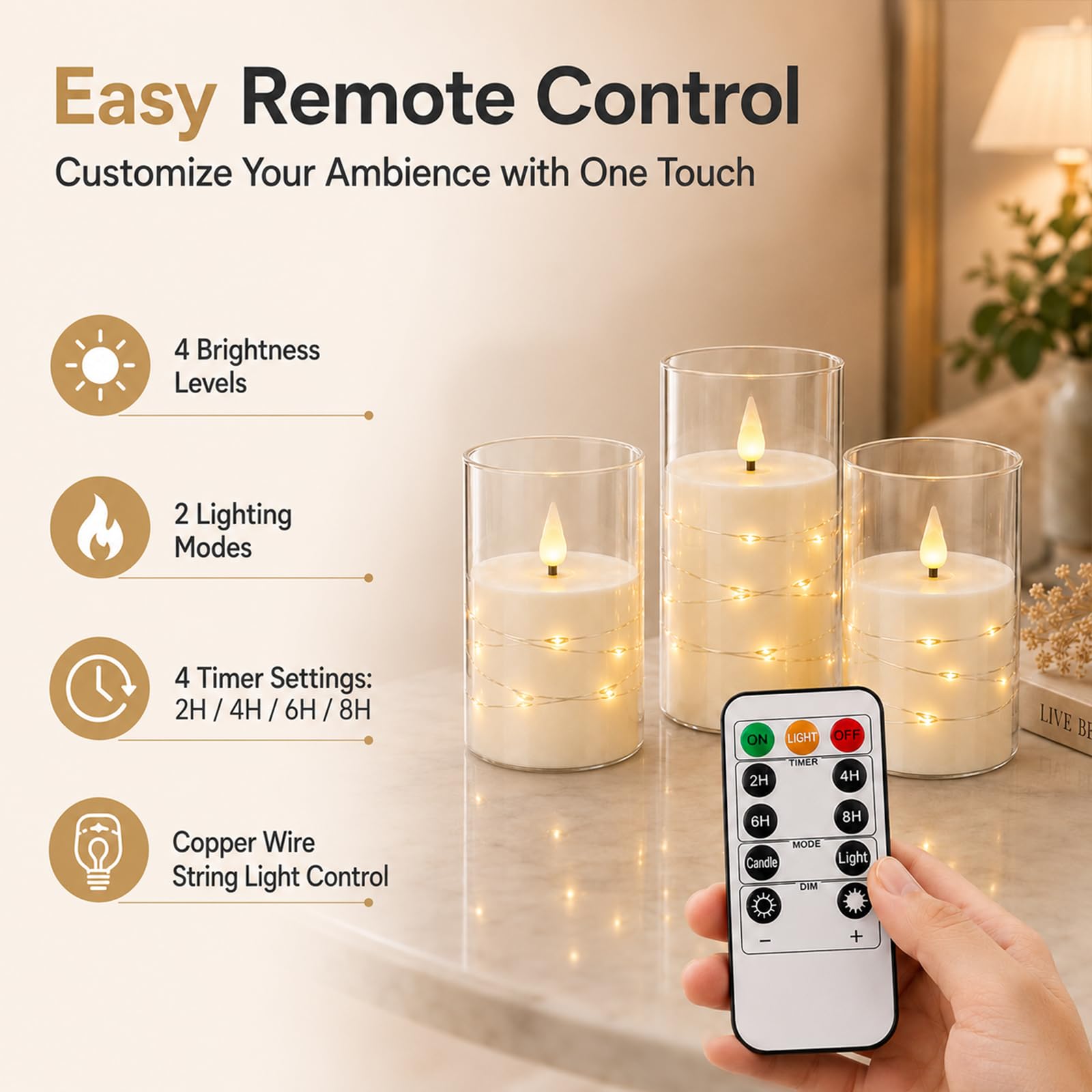 Lot de 3 bougies électriques sans flamme à LED vacillantes avec télécommande et minuteur, à intensité variable en cire véritable à piles, pour maison, mariage, fête, décoration de vacances (ivoire)