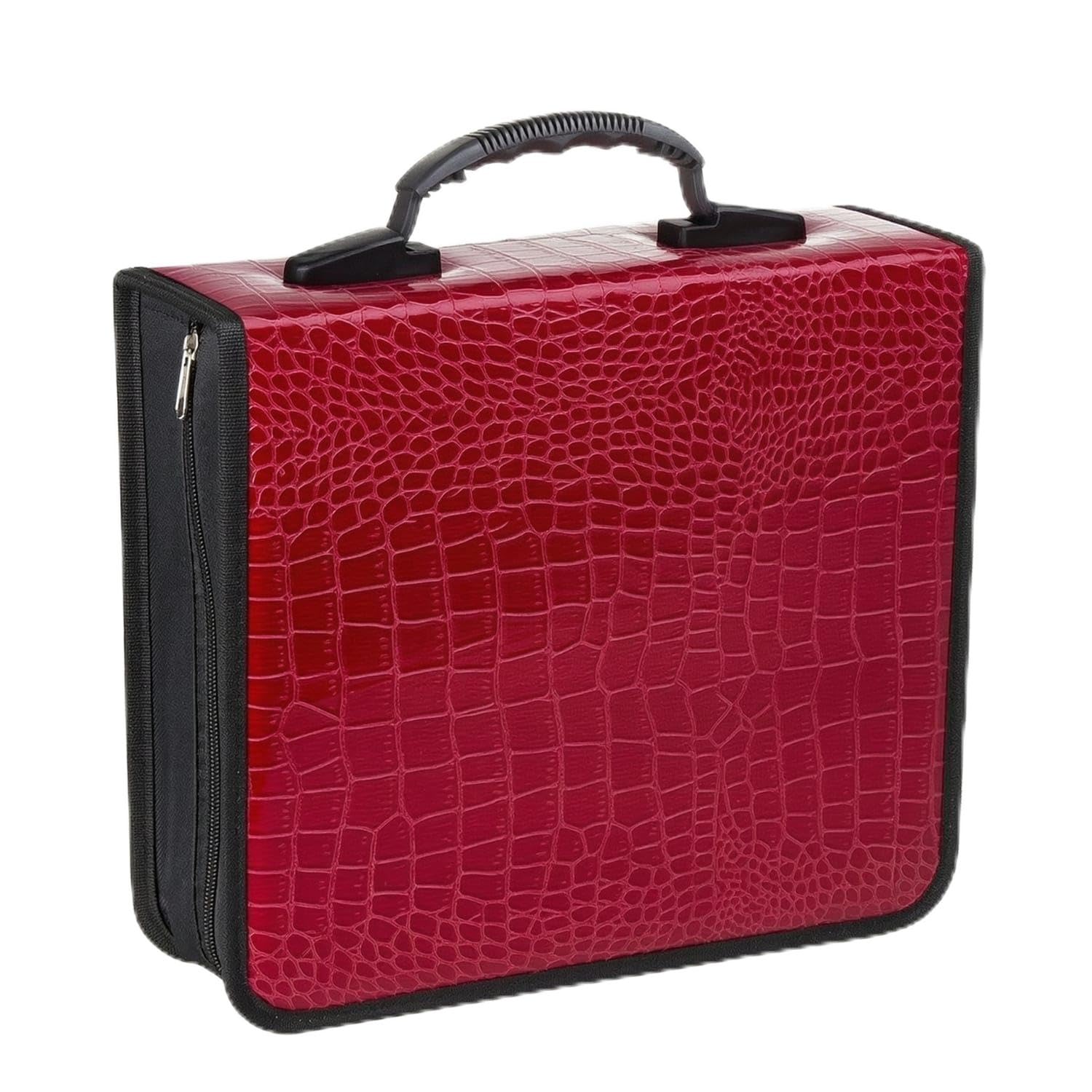 large capacity cd storage case crocodile-texture cd case with handle portable media storage box zippered for collectors, djs, home organization, travel, car, red