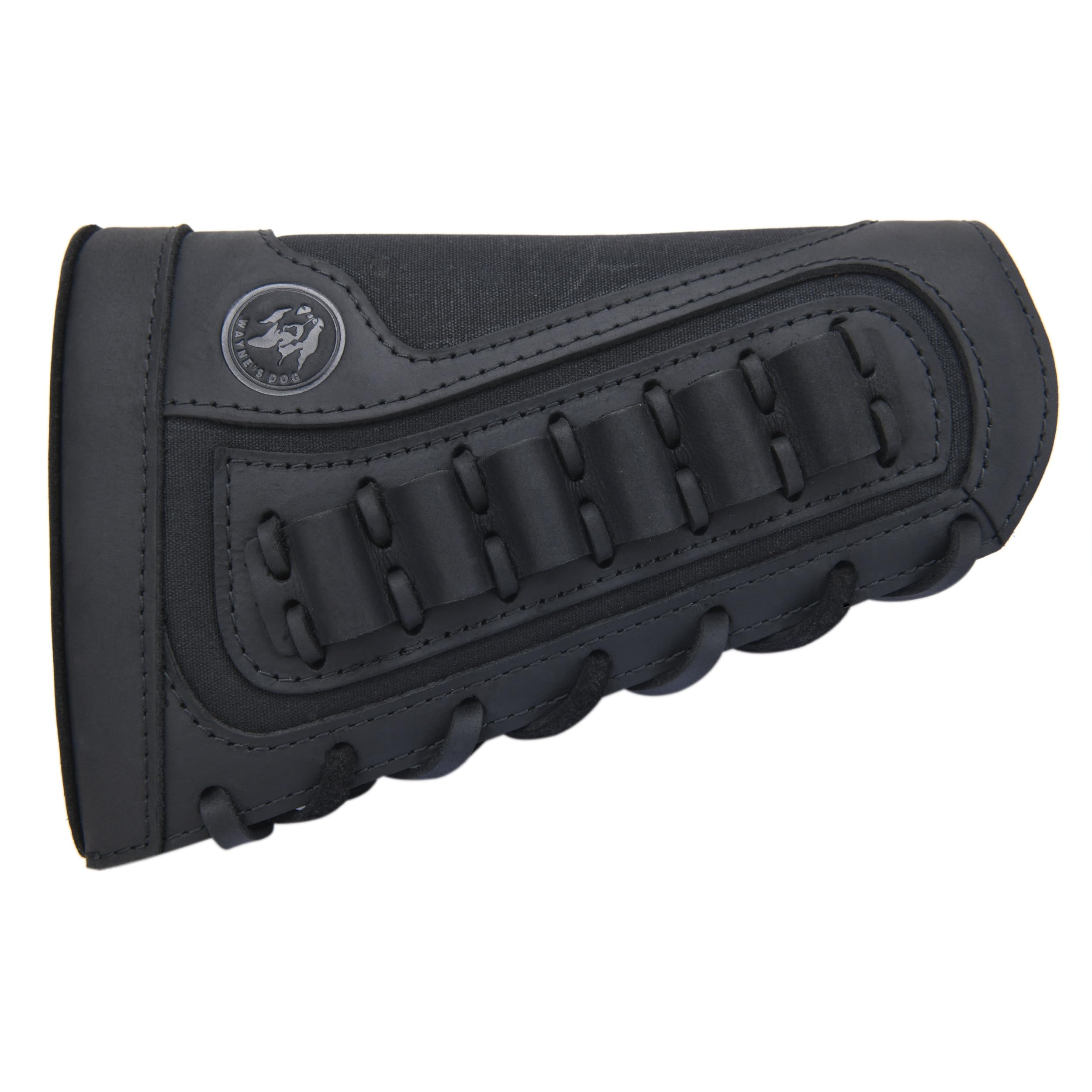 WAYNE'S DOG Canvas Leather Recoil Reducing Pad Stock Extension Cover Buttstock Cheek Rest with Rifle Shell Holder (.308 .30-06 .44MAG .45-70, Black)