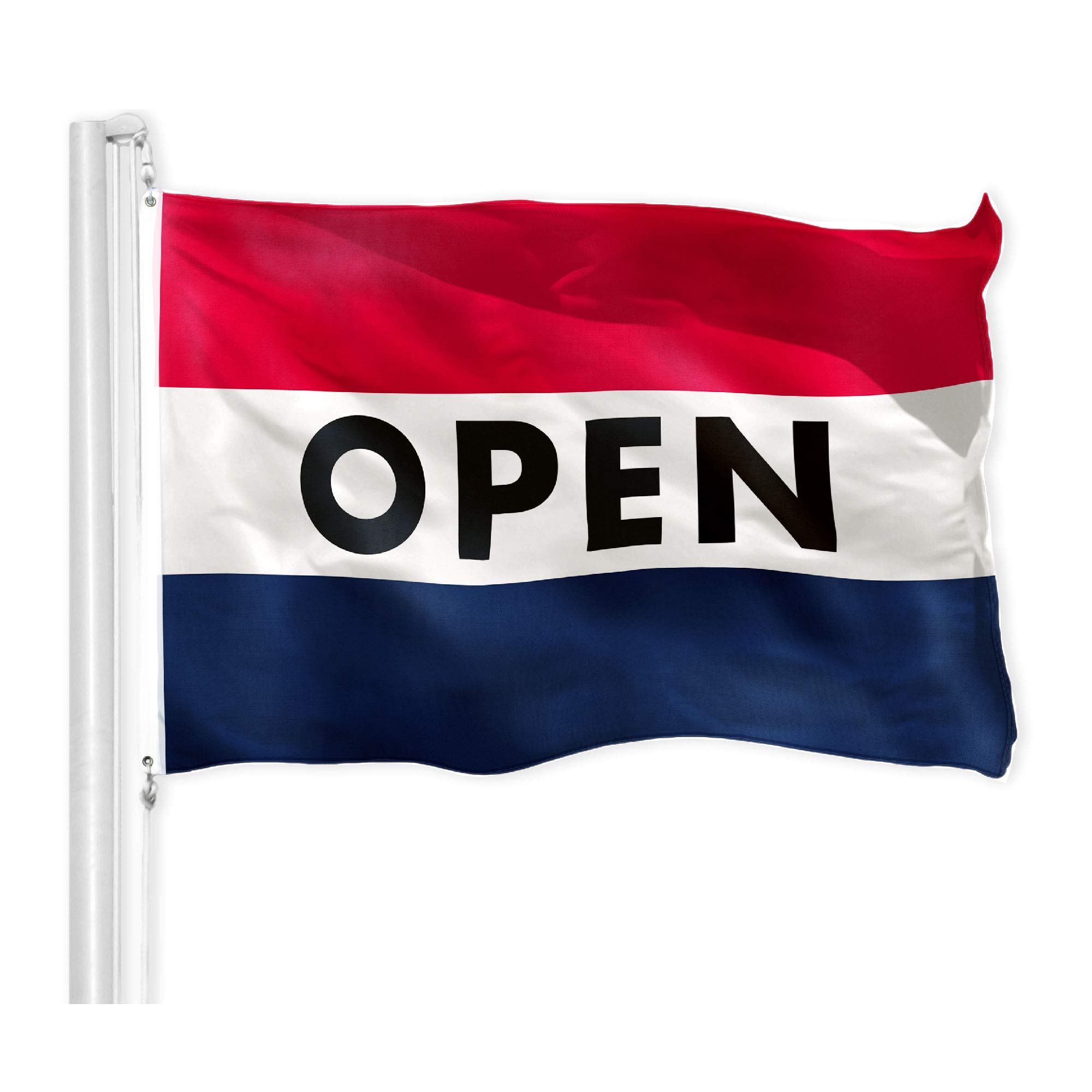 G128 - Open Sign Business Flag | 3x5 feet | Printed 150D - Indoor/Outdoor, Vibrant Colors, Brass Grommets, Quality Polyester, Much Thicker More Durable Than 100D 75D Polyester