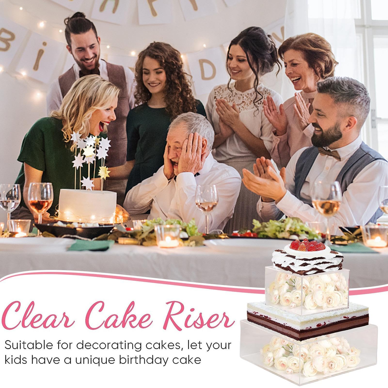 Soporte para tartas de acrílico – Soporte cuadrado transparente para postres | Plataforma de pastelería rellenable para tartas, elegante centro de mesa para bodas, aniversarios, cumpleaños y