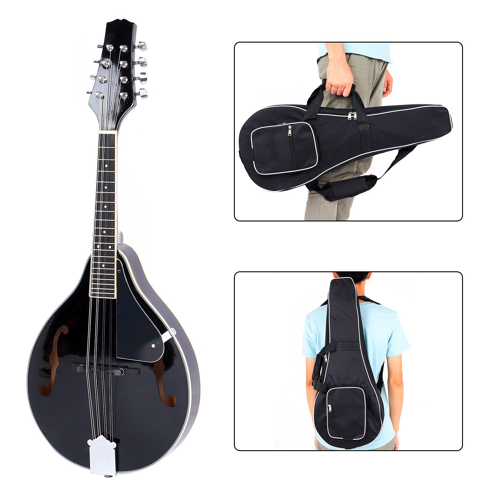 8-saites Schwarzes Mandolineninstrument mit Taschen, Saiten, Wisch, Tuner, Picks, Schraubenstabilitätsqualität für Musikbegeisterte (Schwarz)