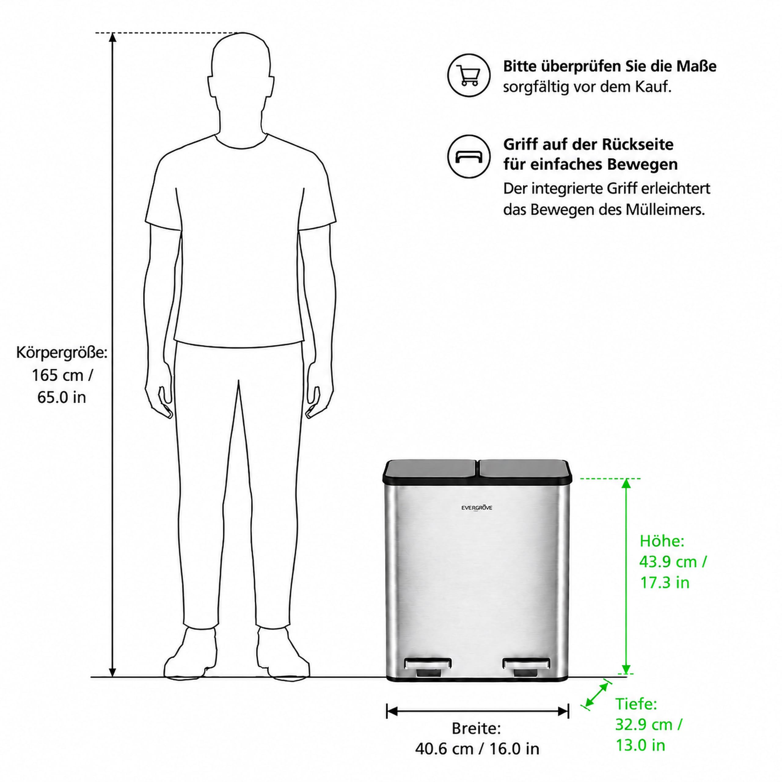 EverGrove 30-Liter-Mülltrennsystem, 2 x 15 L (Silber) | Gehäuse, Deckel und Pedale aus Edelstahl; zwei PP-Inneneimer, sanft schließende Deckel und ein eingesetzter Geruchsfilter.