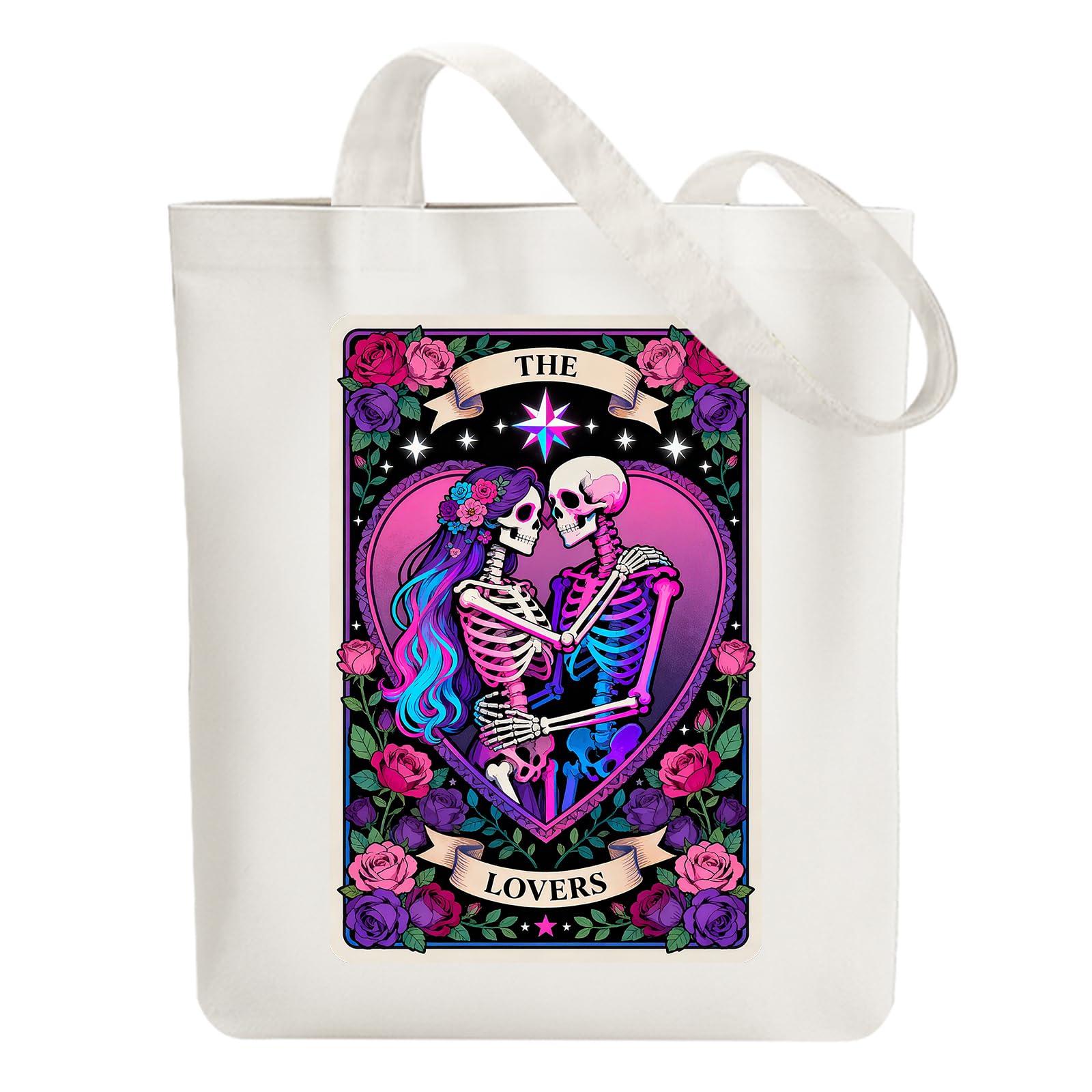 ANATTASOUL Canvas Tote Bag Couple Skulls Reusable Cotton Bag for Women, 15.74"x14.96" Durable and Foldable Cloth Shoulder Bags with Zip Pockets for Shopping, Vacation, Work, Gym, Gifts
