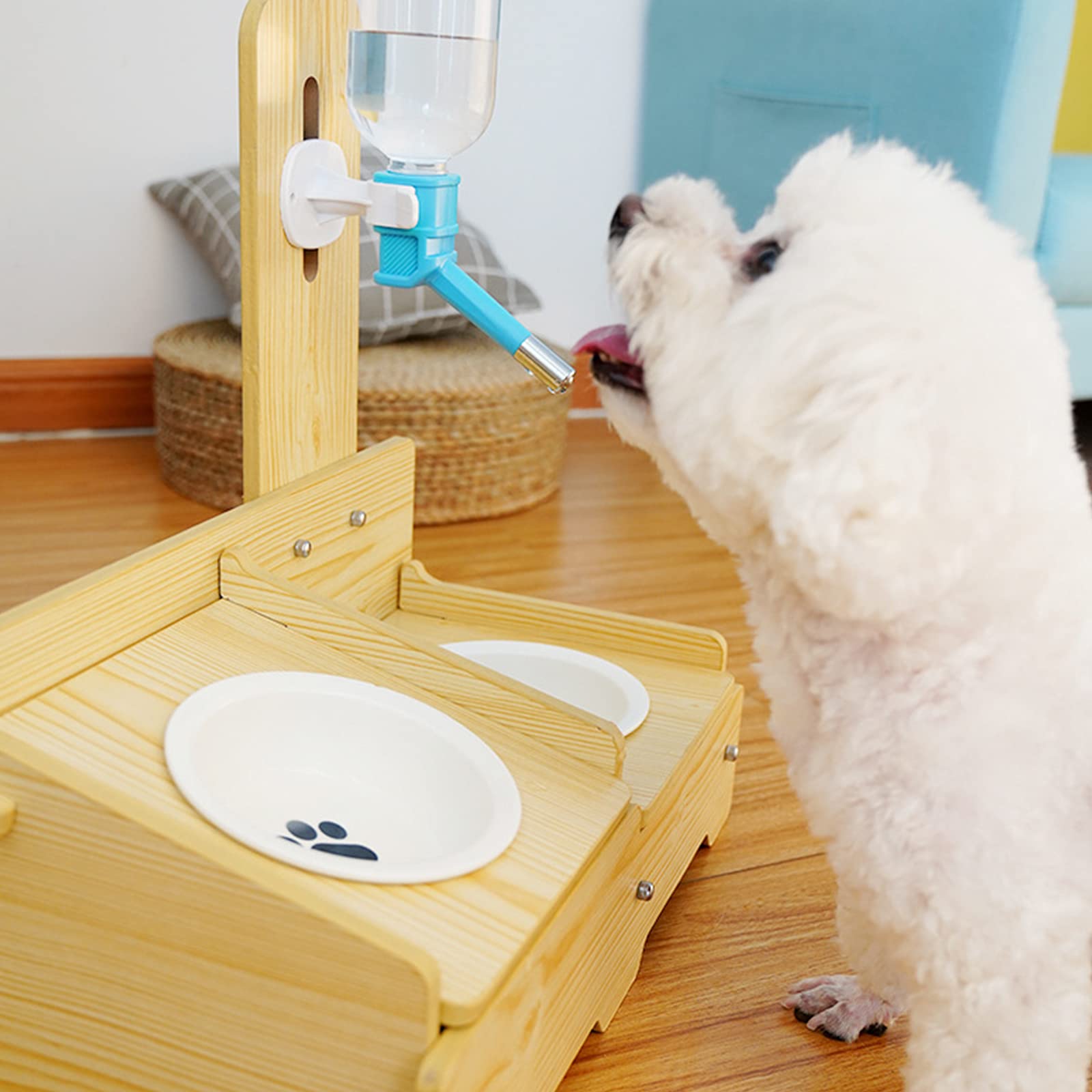 Erhöhter Fressnapf Für Katzen Und Hunde,Katzennapf Hundenäpf/Futternapf Aus Porzellan Mit Automatischer Wasserflasche,Holz, Doppel-Fressnapf, Futterstation, Futternapf-Halterung