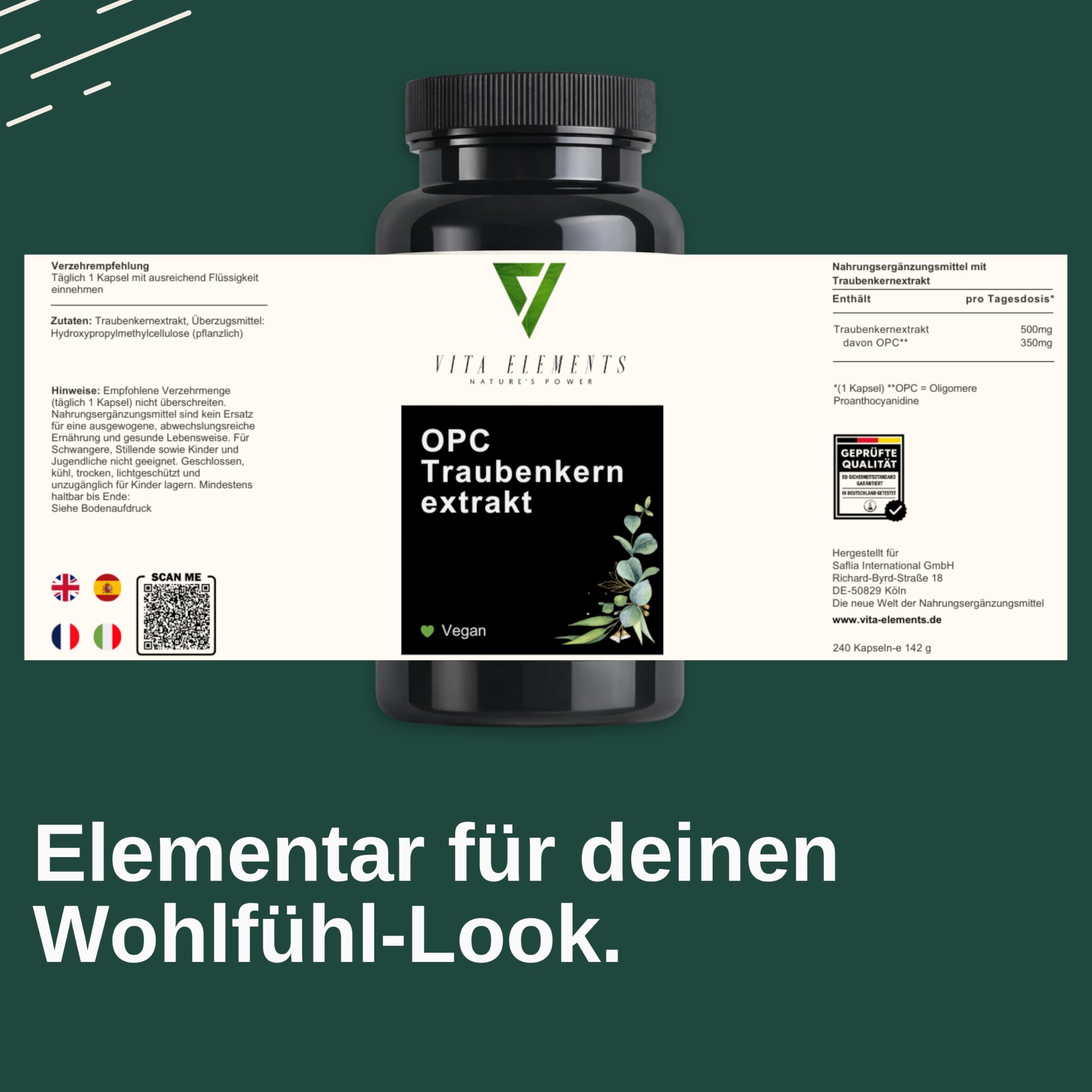 Vita Elements OPC Traubenkernextrakt - 240 Kapseln - 8 Monate Vorrat - Reines OPC aus europäischen Trauben - Hochdosiert - Vegan - Laborgeprüft - Ohne Zusätze